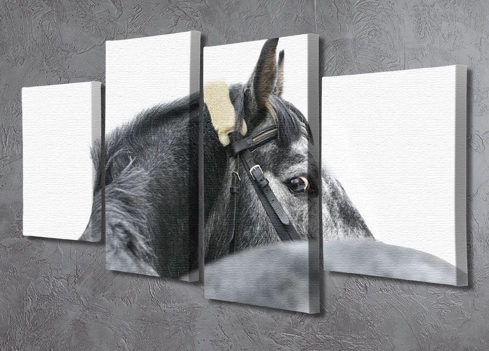 A beautiful grey horse depicted on a 4 split panel canvas, showcasing elegance and strength in a dynamic arrangement.