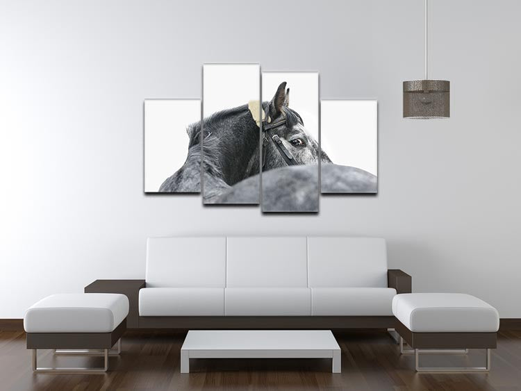A beautiful grey horse depicted on a 4 split panel canvas, showcasing elegance and strength in a dynamic arrangement.