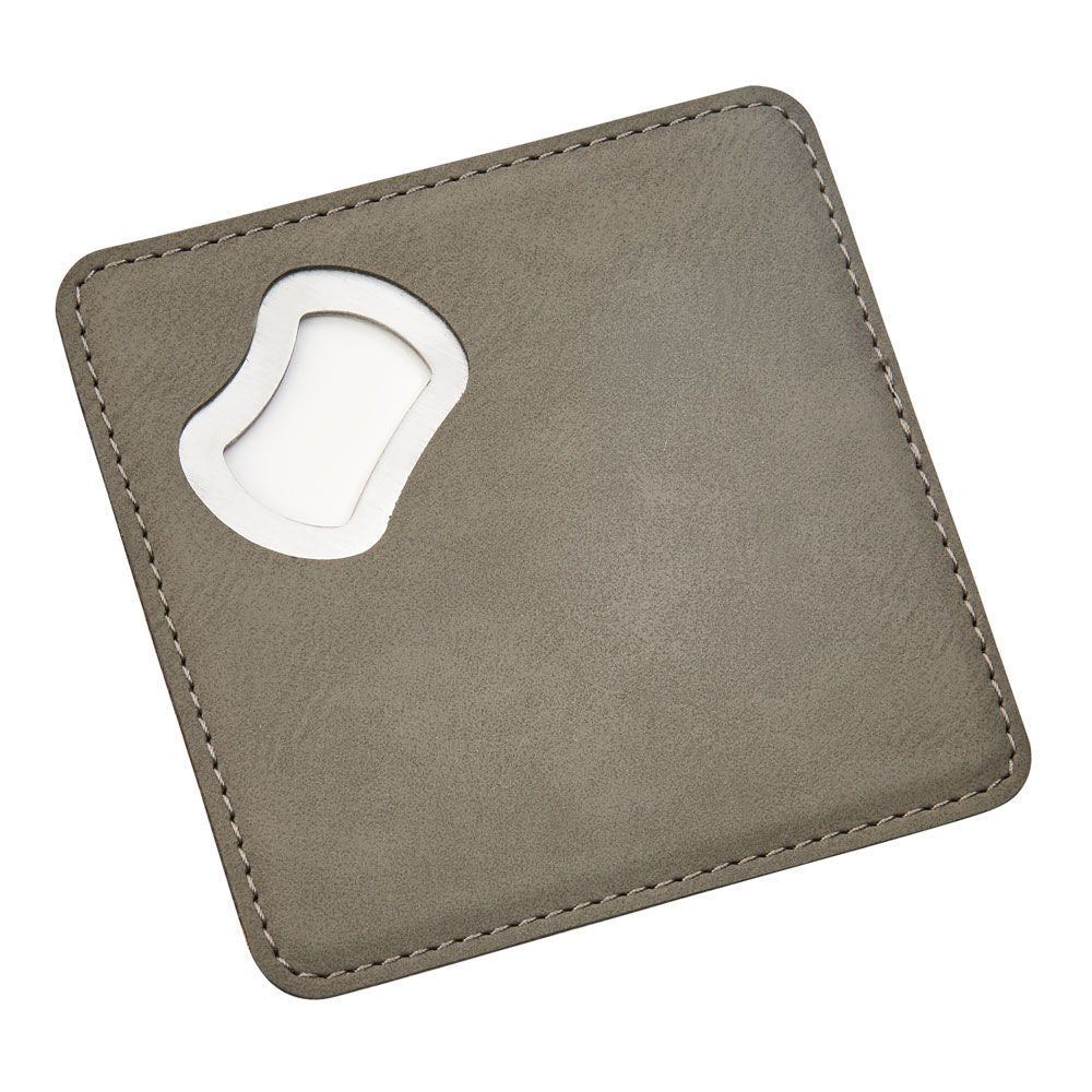 Grey leatherette coaster with built-in bottle opener, 4 inches square, elegantly designed for beer lovers.
