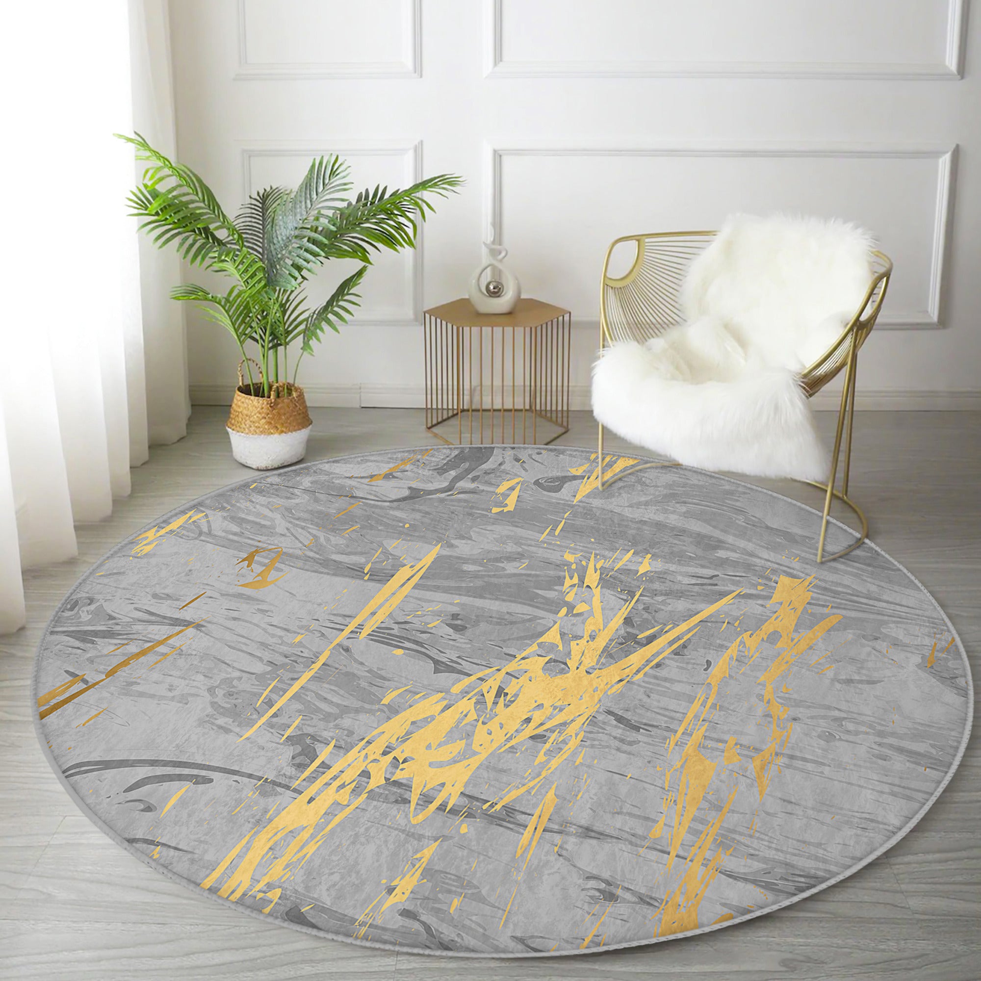 A stylish grey marble pattern round rug with gold lines, showcasing its soft velvet texture and elegant design, perfect for home decor.
