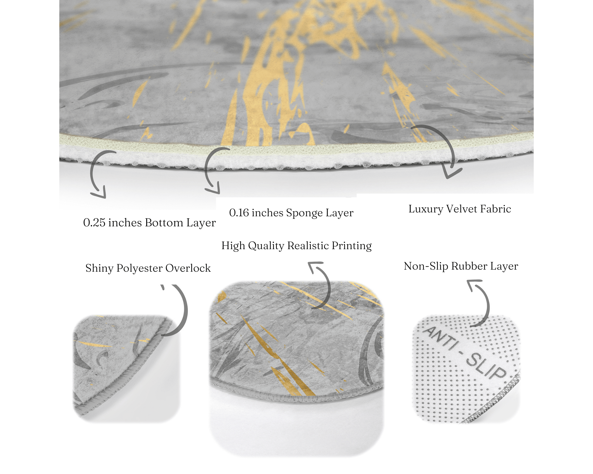 A stylish grey marble pattern round rug with gold lines, showcasing its soft velvet texture and elegant design, perfect for home decor.