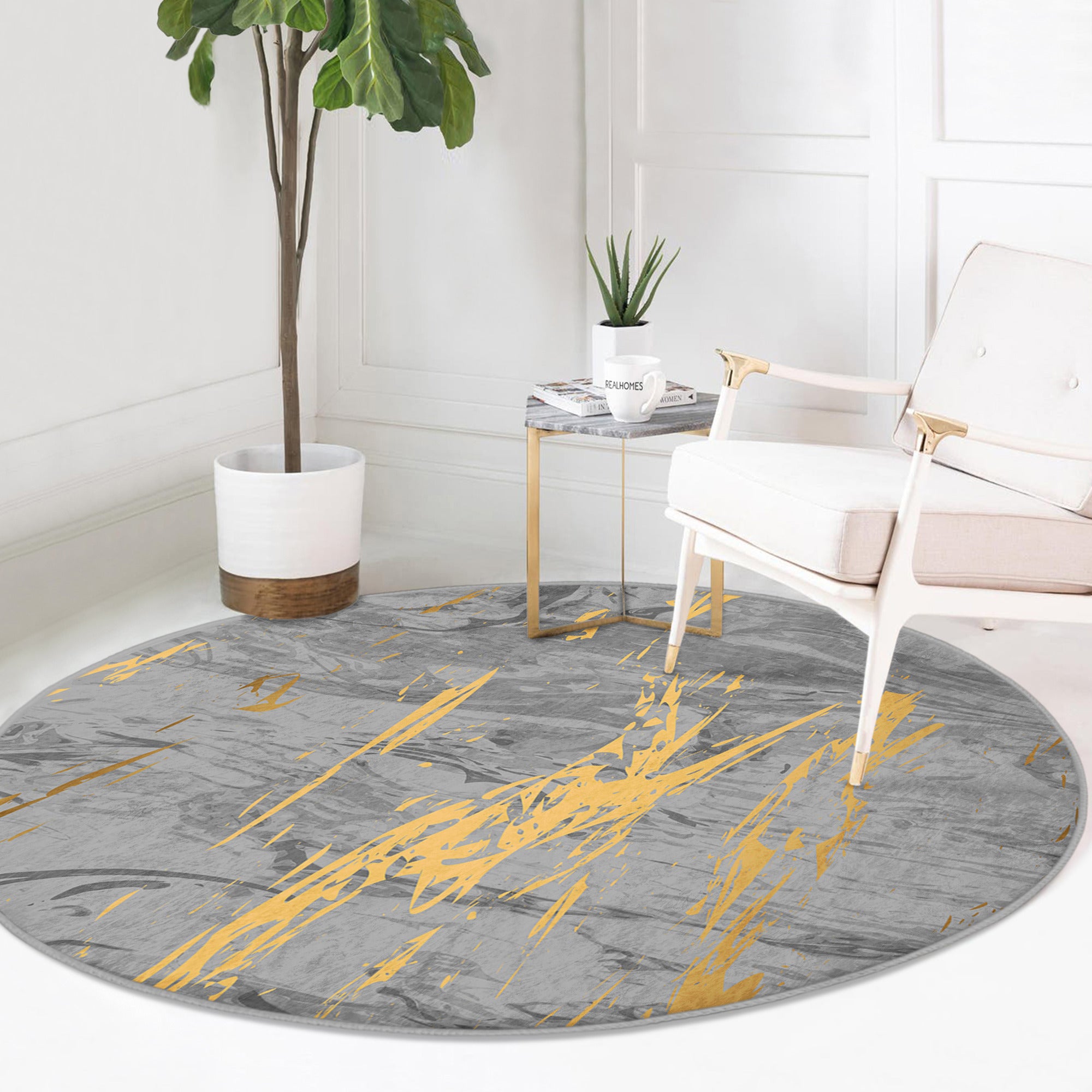 A stylish grey marble pattern round rug with gold lines, showcasing its soft velvet texture and elegant design, perfect for home decor.