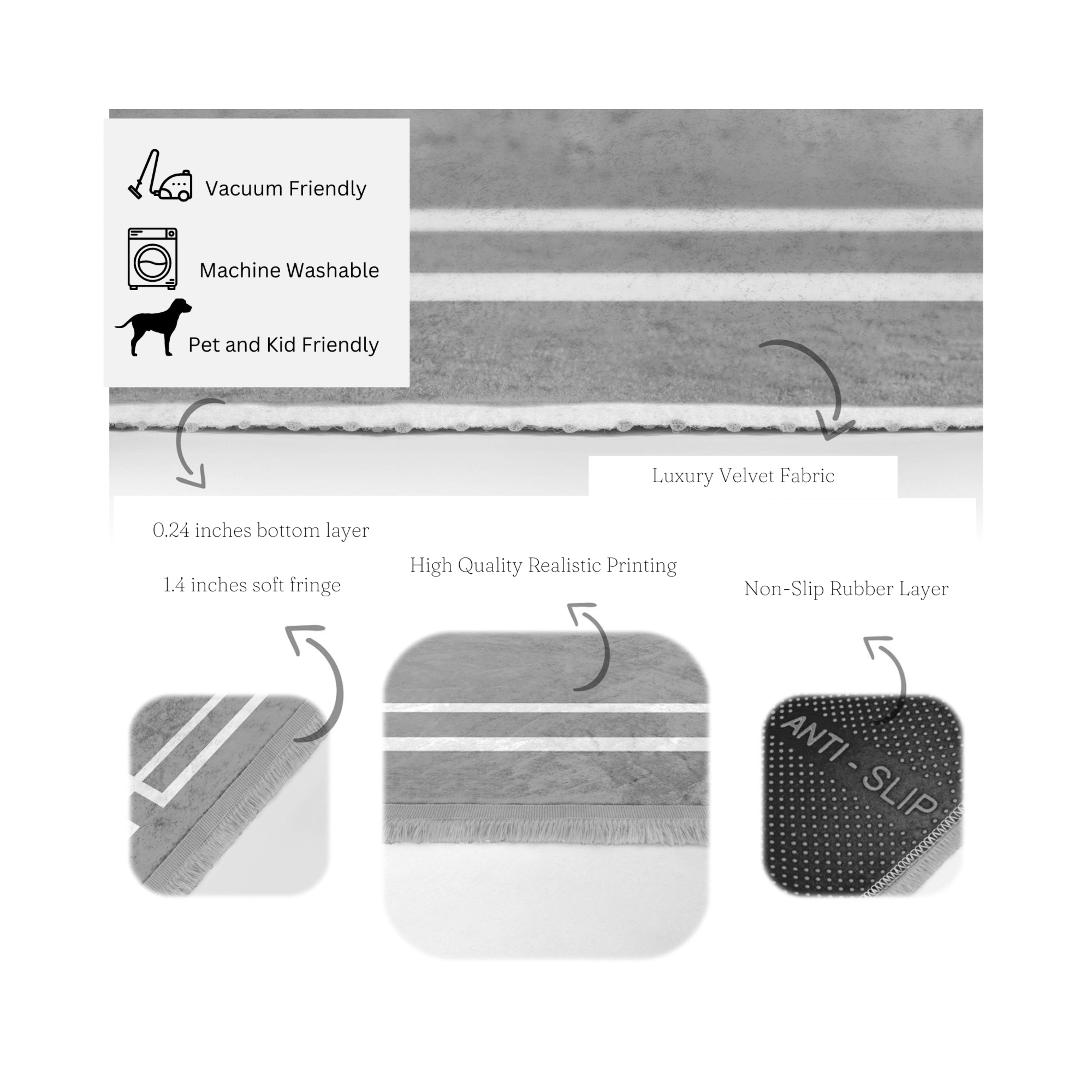 Grey modern area rug with intricate patterns and fringes, showcasing a soft texture suitable for home decoration.