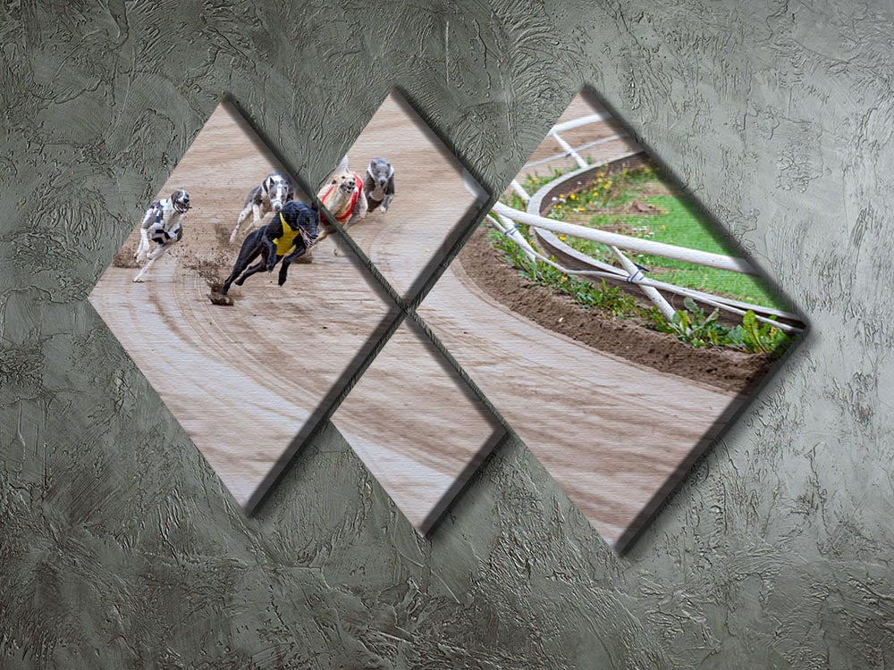 A vibrant multi-panel canvas artwork featuring racing greyhounds in dynamic motion, divided into four equal square sections.