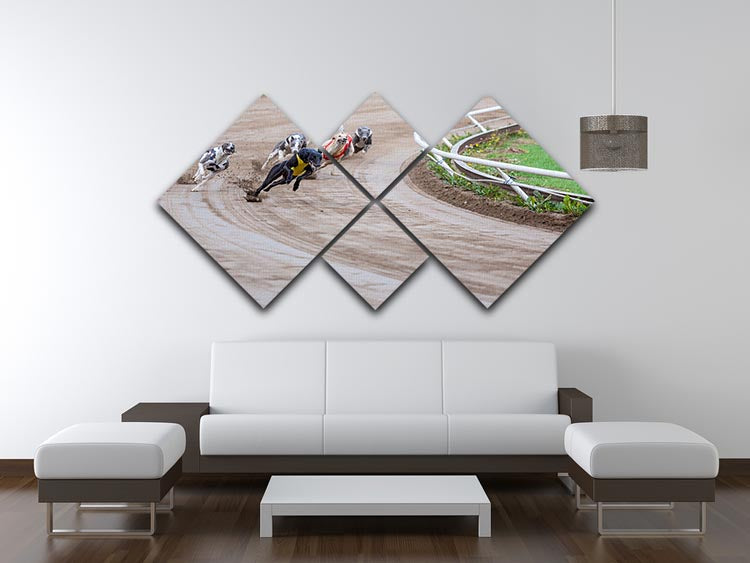 A vibrant multi-panel canvas artwork featuring racing greyhounds in dynamic motion, divided into four equal square sections.