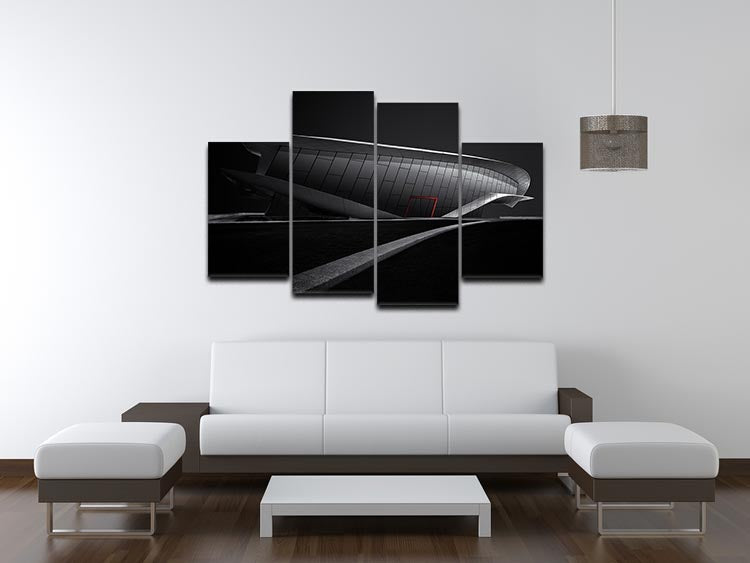 A modern 4-split canvas artwork featuring greyscale architecture with a vibrant red accent, ideal for contemporary decor.