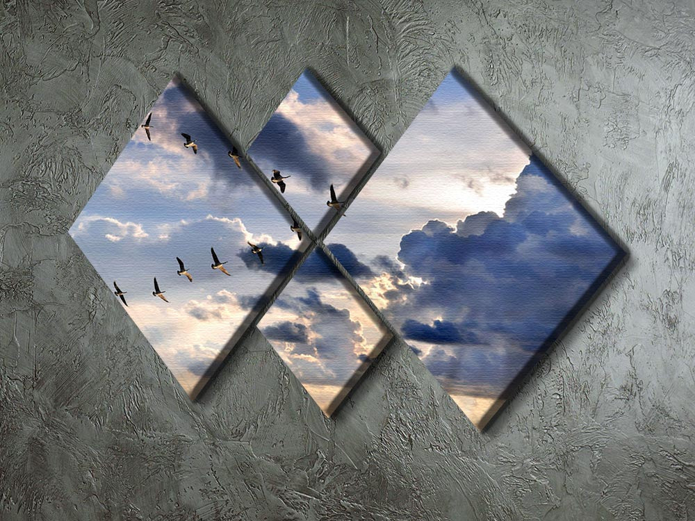 A stunning 4-square canvas artwork depicting Canadian geese flying in V-formation, showcasing nature's beauty.