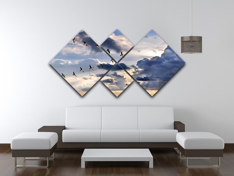 A stunning 4-square canvas artwork depicting Canadian geese flying in V-formation, showcasing nature's beauty.
