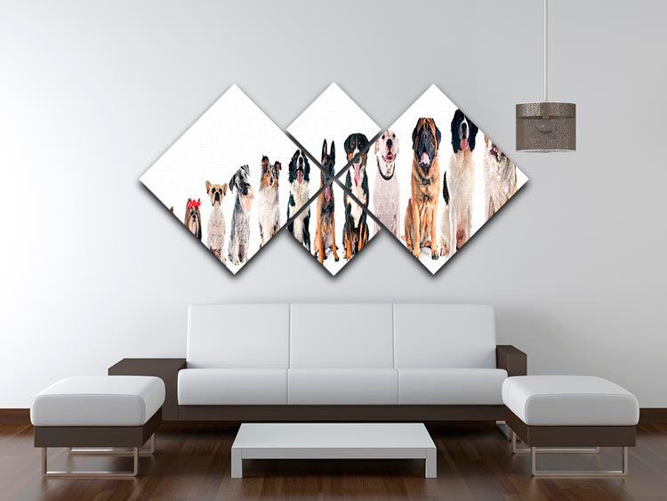 A beautiful 4 square multi panel canvas featuring a group of dogs against a white background, showcasing vibrant colors and detailed artwork.
