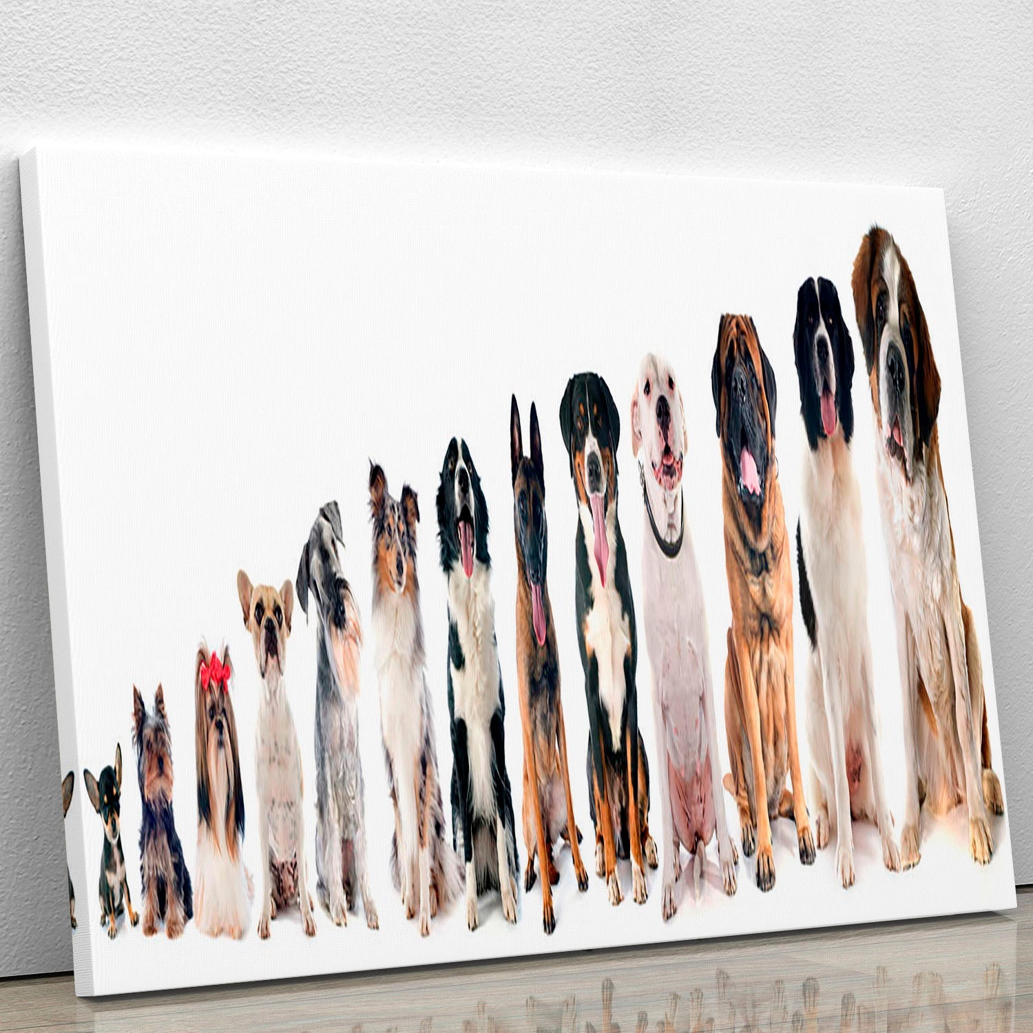 A vibrant canvas print featuring a group of playful dogs against a white background, perfect for home decor.