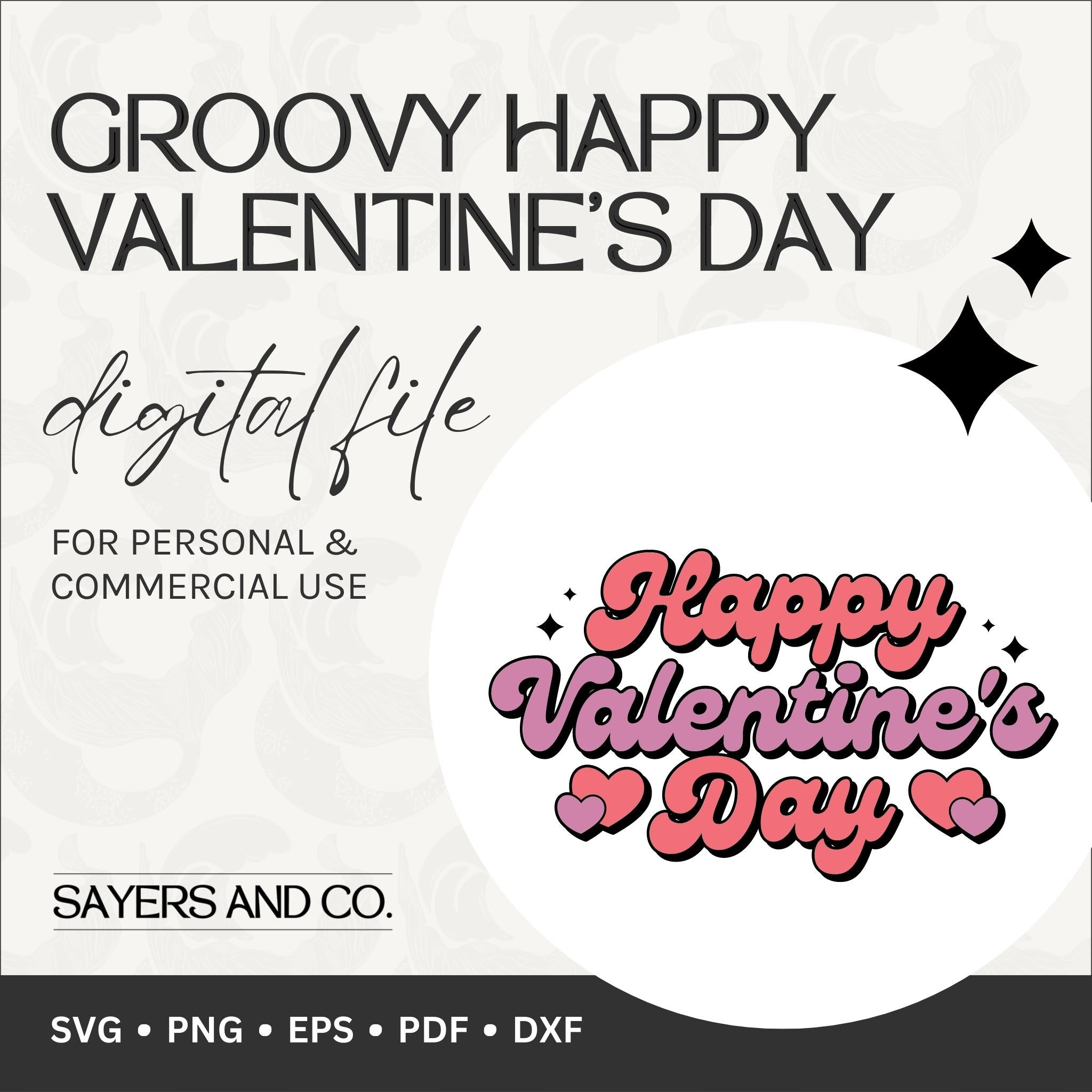 Colorful Groovy Happy Valentine's Day digital files showcasing retro designs for creative projects.