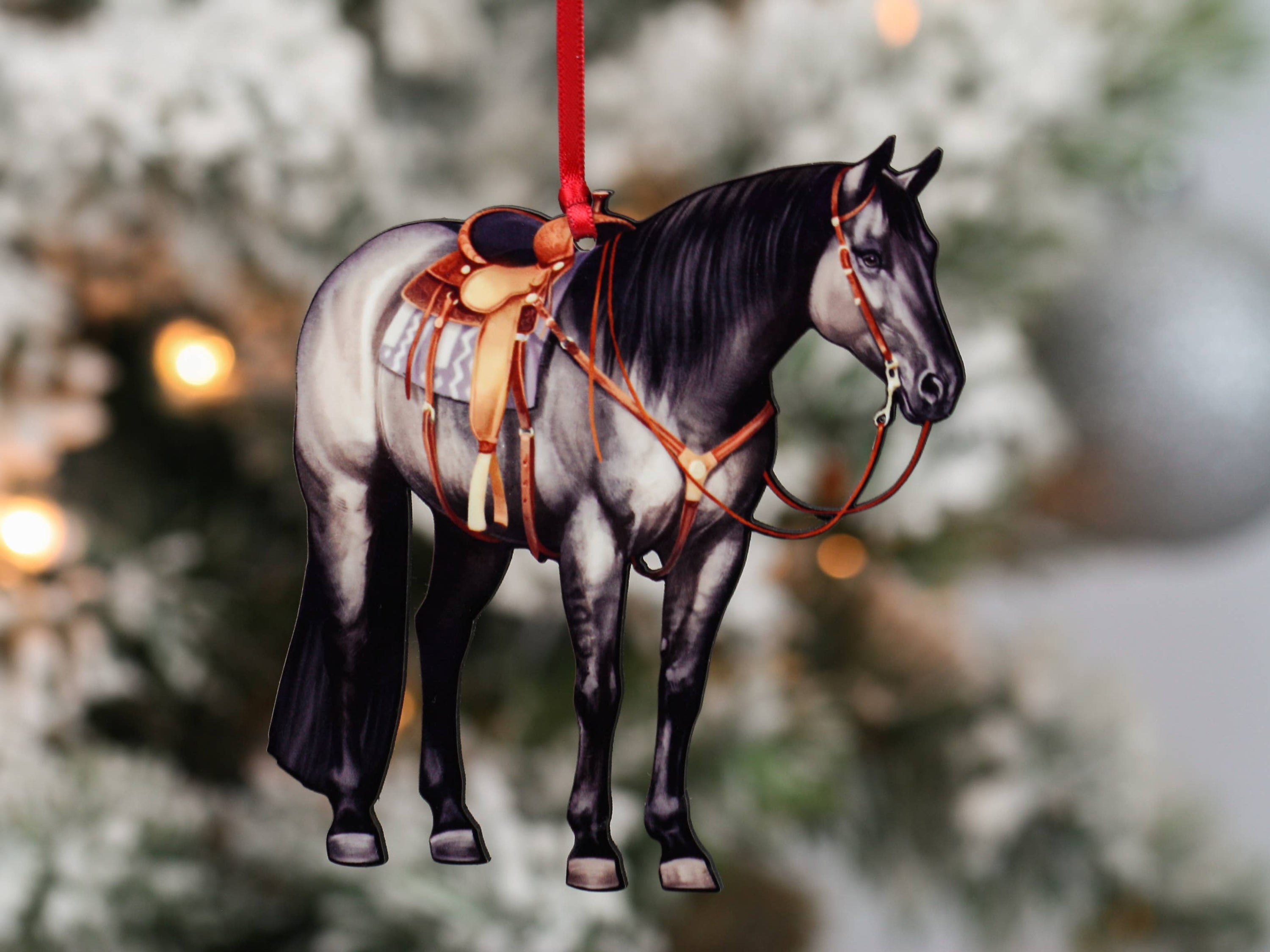 Grulla Western Ranch Horse Ornament made of composite wood, featuring a glossy front and dark brown back, perfect for equestrian decor.