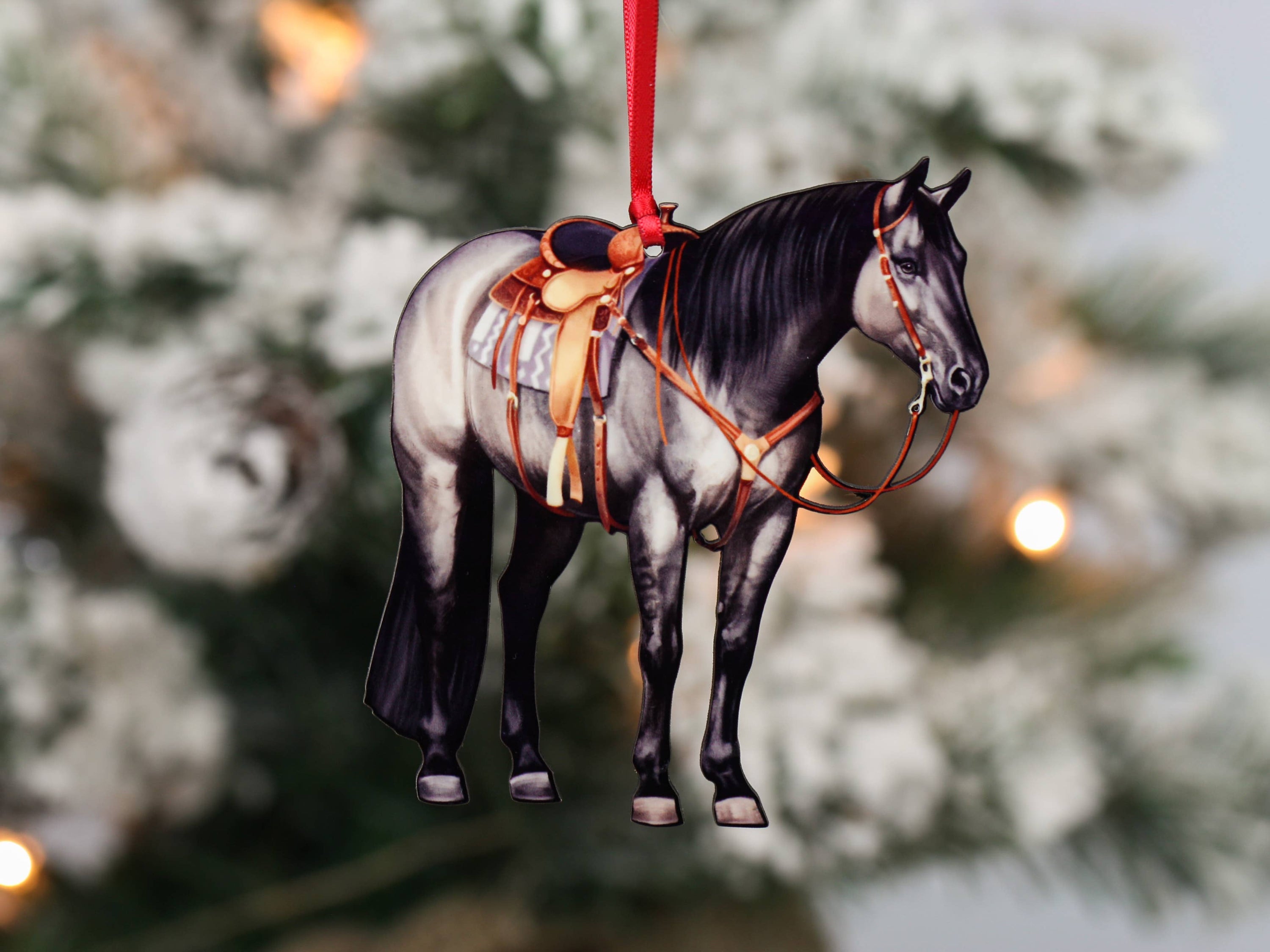 Grulla Western Ranch Horse Ornament made of composite wood, featuring a glossy front and dark brown back, perfect for equestrian decor.