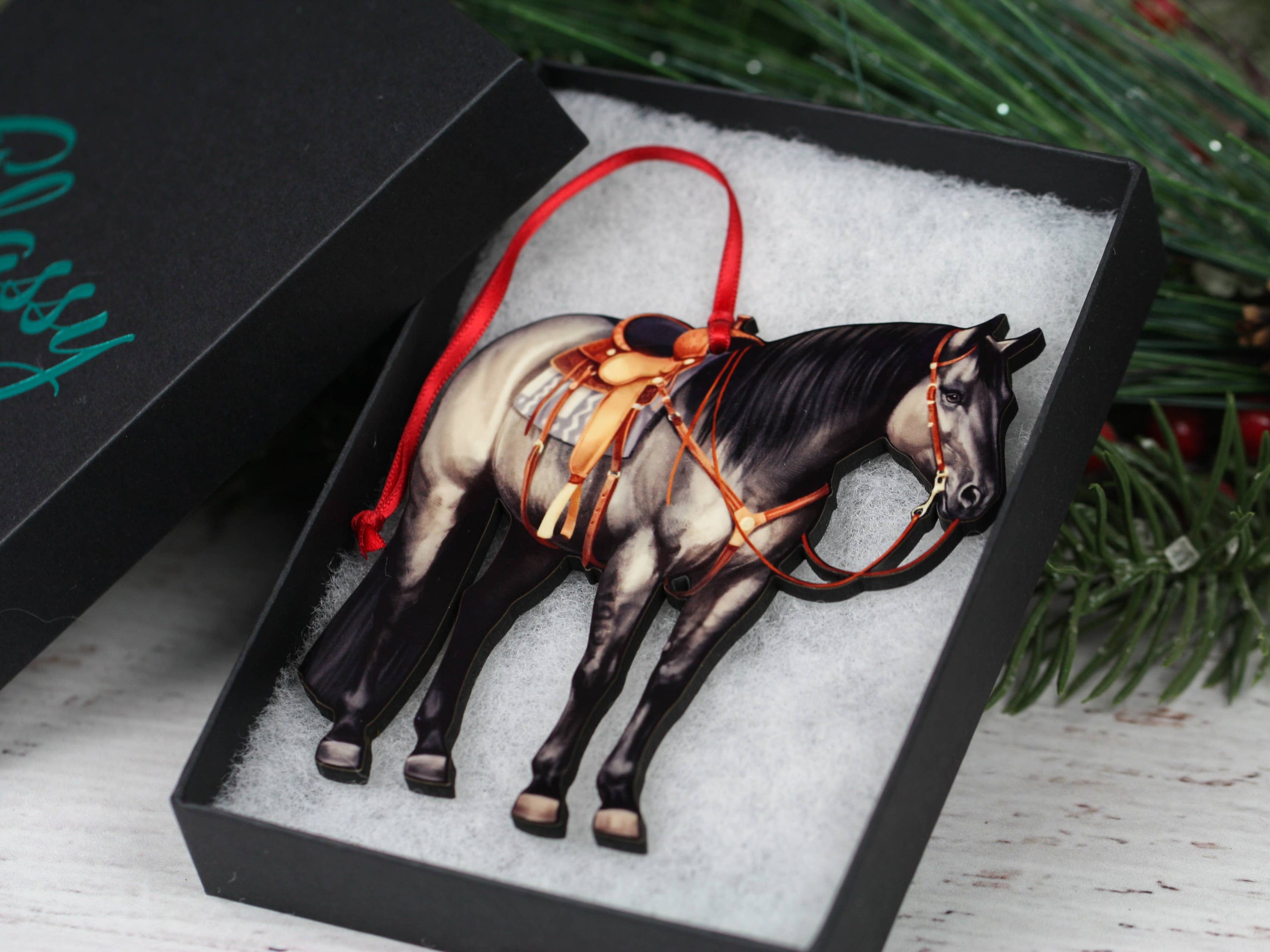 Grulla Western Ranch Horse Ornament made of composite wood, featuring a glossy front and dark brown back, perfect for equestrian decor.