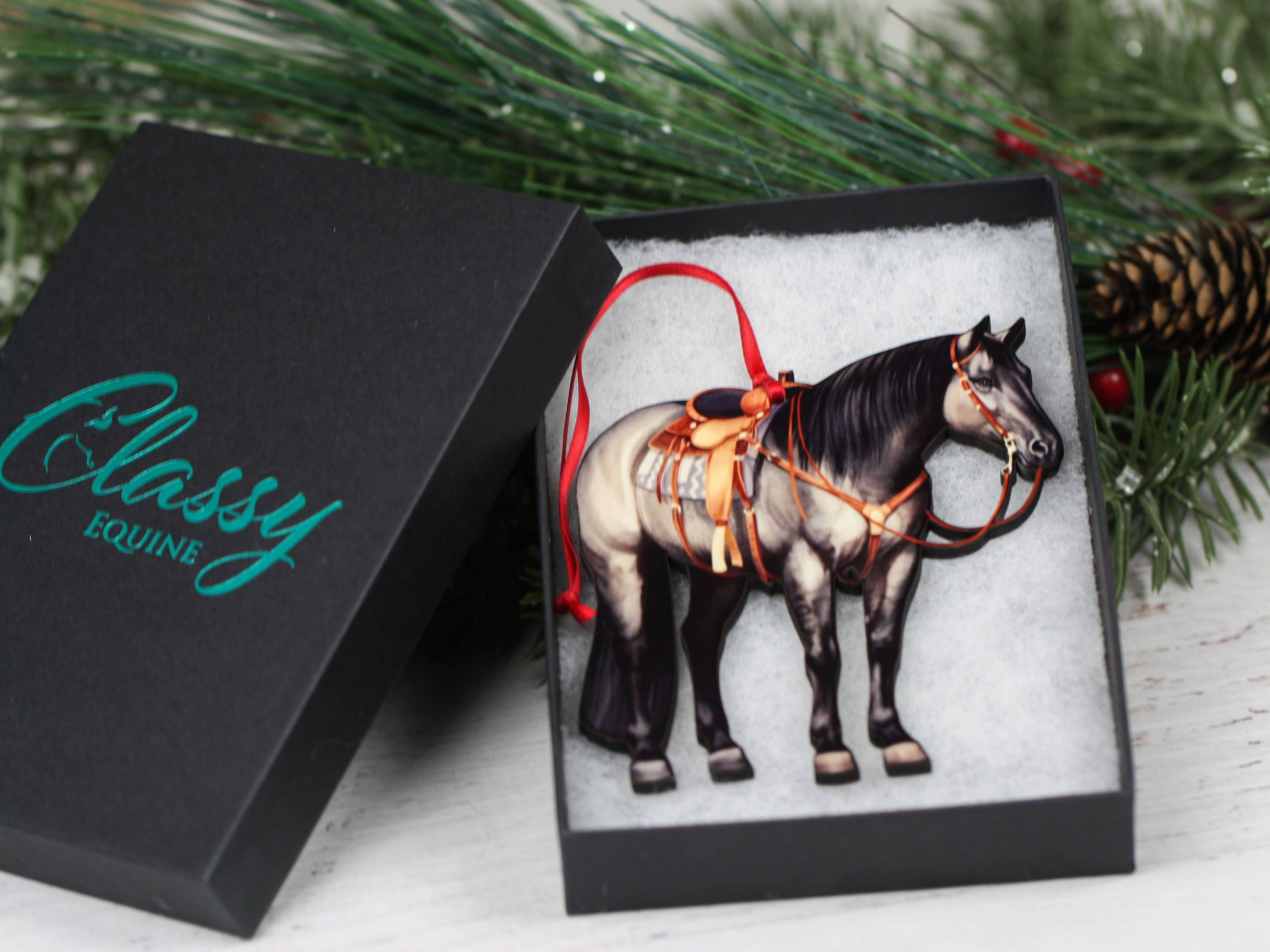 Grulla Western Ranch Horse Ornament made of composite wood, featuring a glossy front and dark brown back, perfect for equestrian decor.