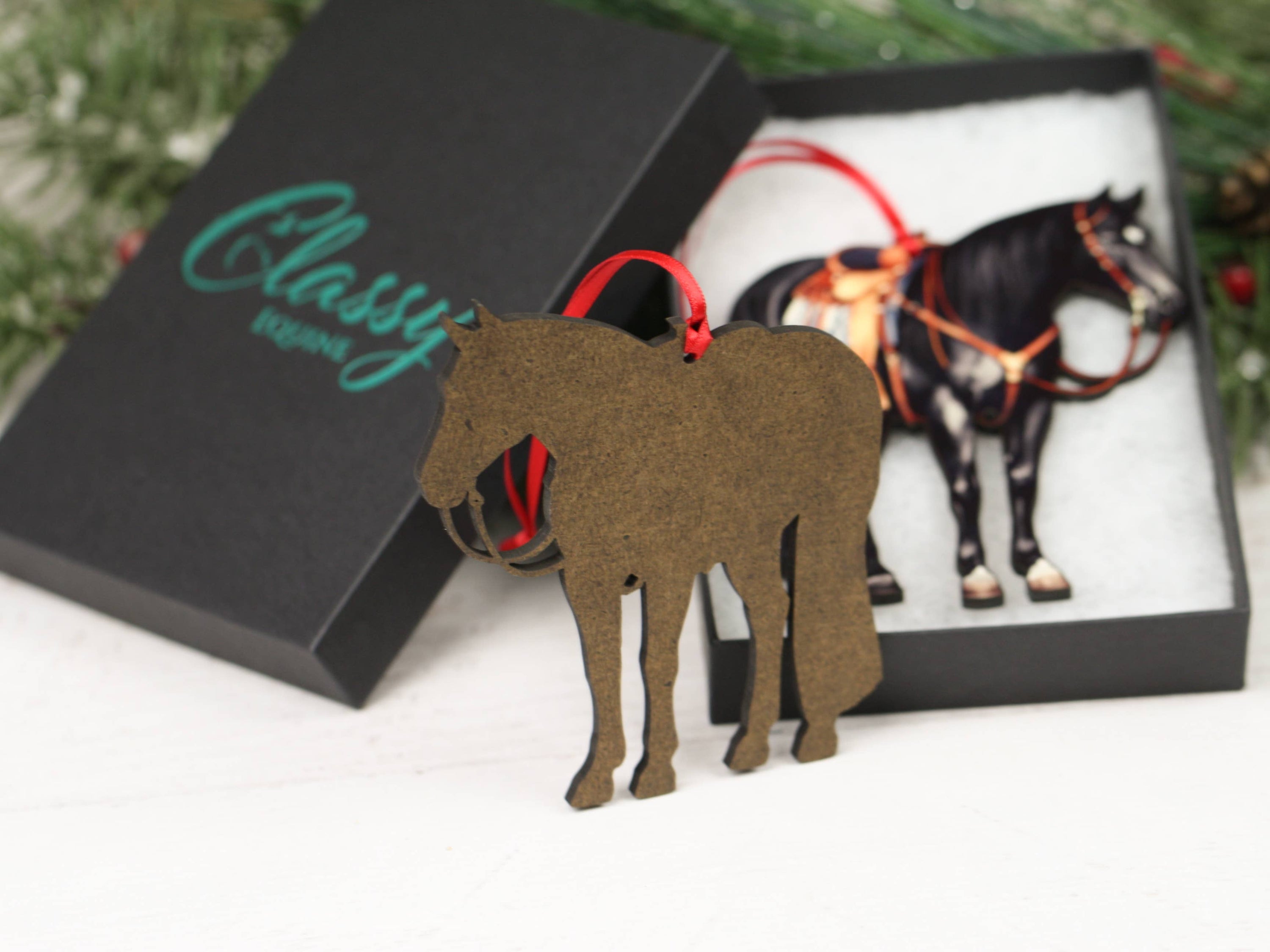 Grulla Western Ranch Horse Ornament made of composite wood, featuring a glossy front and dark brown back, perfect for equestrian decor.