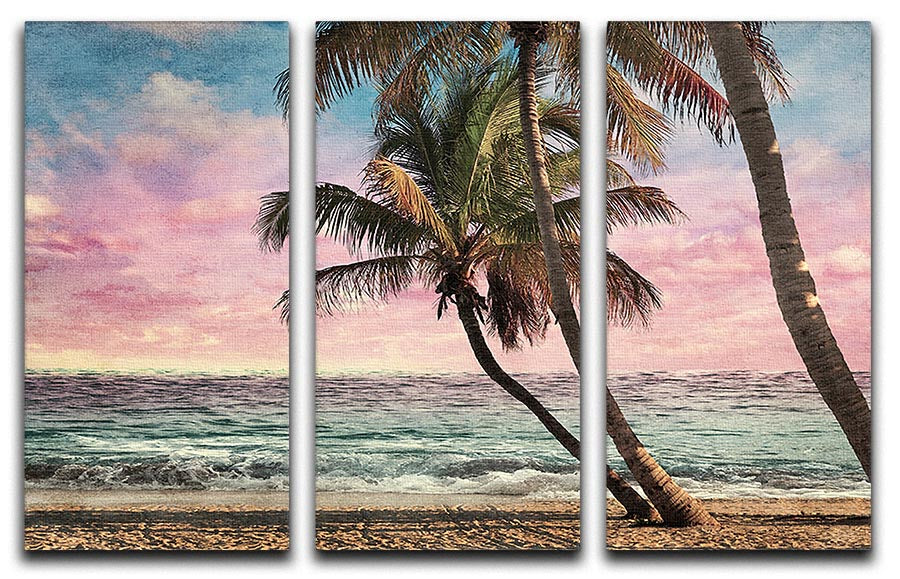 A captivating 3-panel canvas print featuring a grunge image of a tropical beach, showcasing vibrant colors and intricate details.