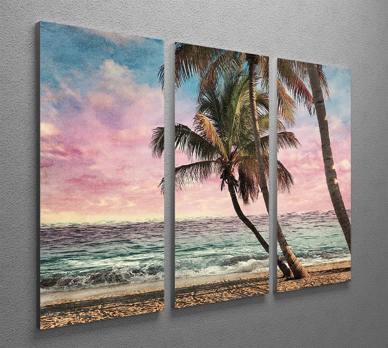 A captivating 3-panel canvas print featuring a grunge image of a tropical beach, showcasing vibrant colors and intricate details.