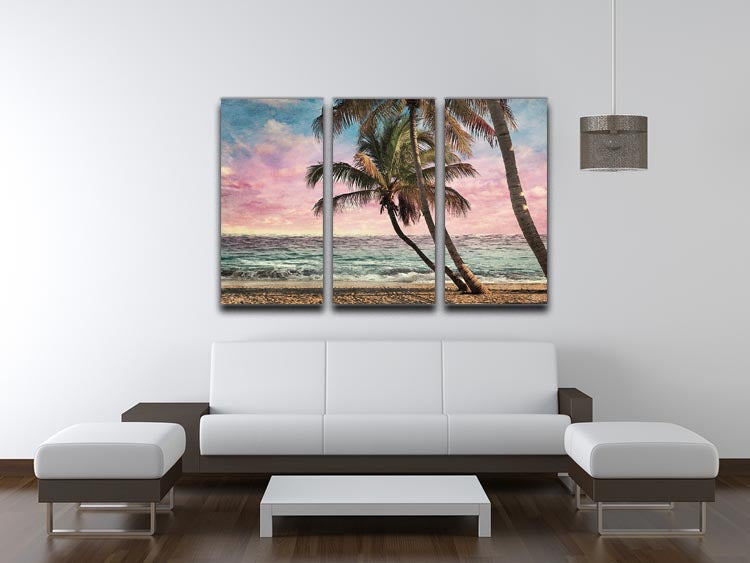 A captivating 3-panel canvas print featuring a grunge image of a tropical beach, showcasing vibrant colors and intricate details.
