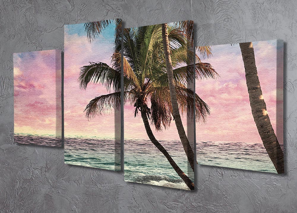 A 4-panel canvas artwork depicting a grunge-style tropical beach scene, showcasing vibrant colors and dynamic design.