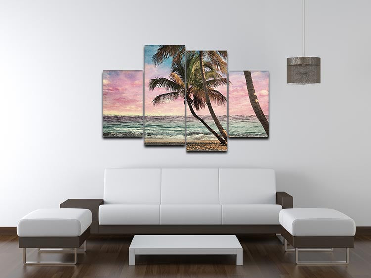 A 4-panel canvas artwork depicting a grunge-style tropical beach scene, showcasing vibrant colors and dynamic design.