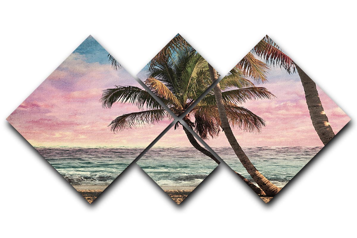 A vibrant 4-square multi-panel canvas featuring a grunge image of a tropical beach, showcasing serene colors and textures.
