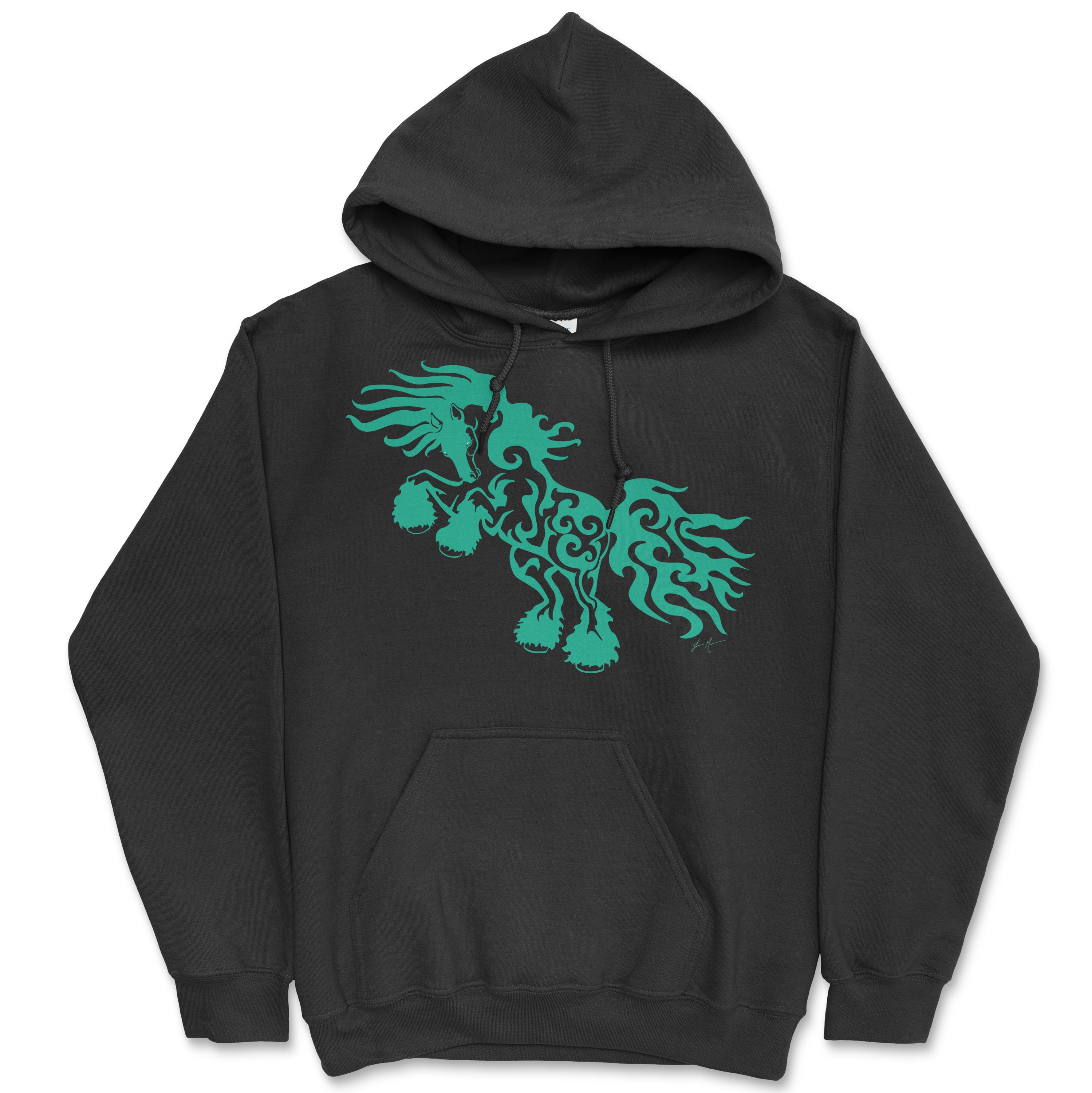 Black hooded sweatshirt featuring a stylish Gypsy Horse design, perfect for casual wear.