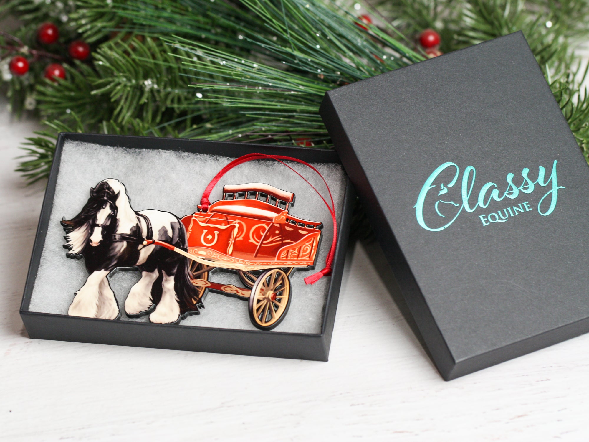 Gypsy Cob Dray Horse ornament featuring a black and white tobiano design, perfect for Christmas and equestrian decor.