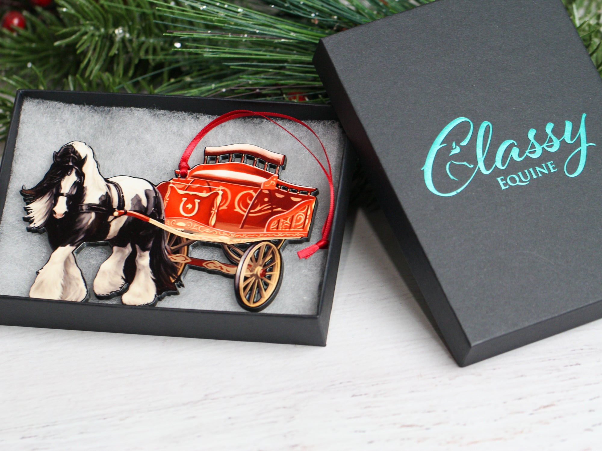 Gypsy Cob Dray Horse ornament featuring a black and white tobiano design, perfect for Christmas and equestrian decor.