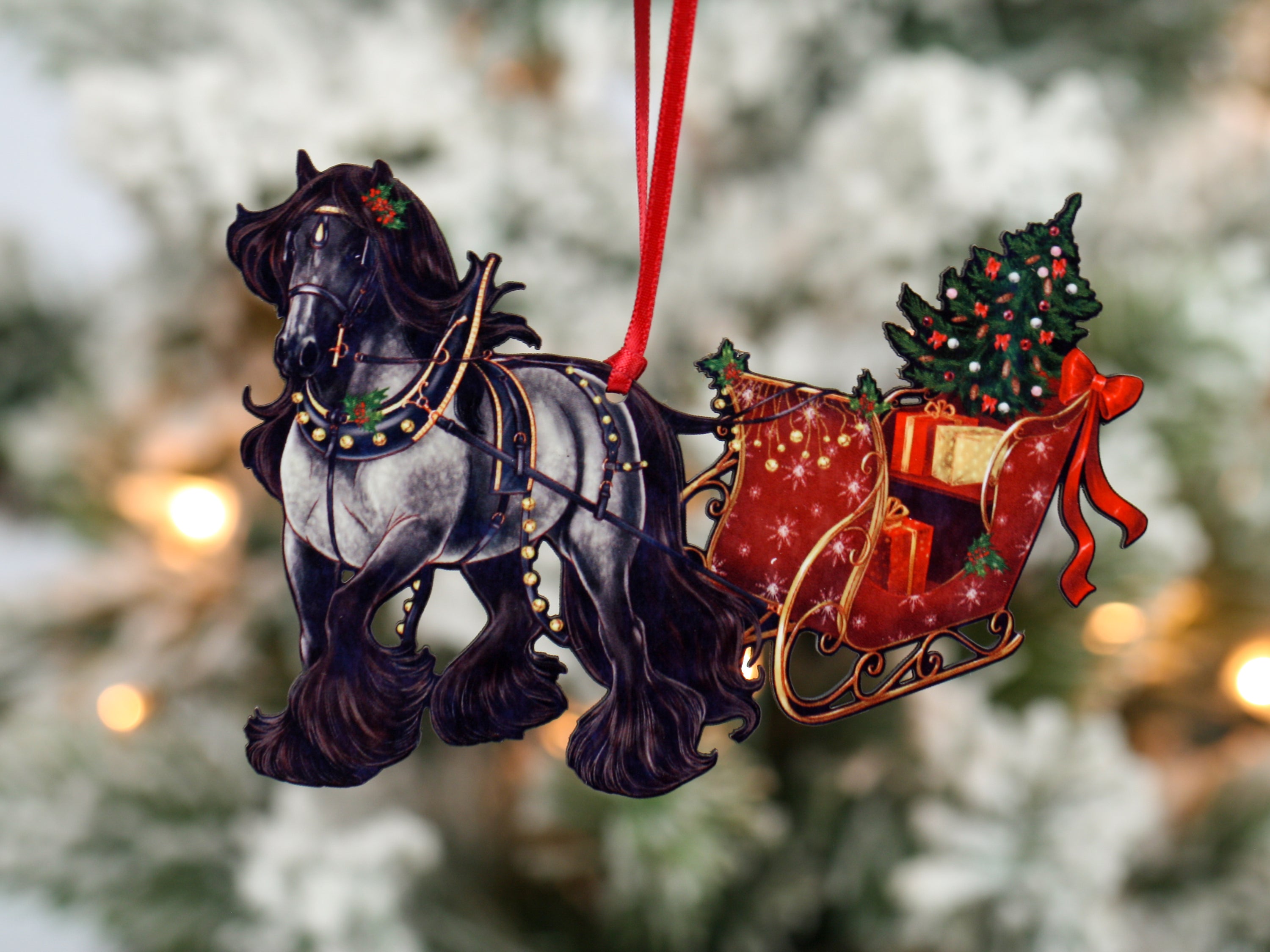 Gypsy Cob Horse Christmas Ornament featuring a blue roan horse pulling a sleigh, handmade from composite wood with a glossy finish.