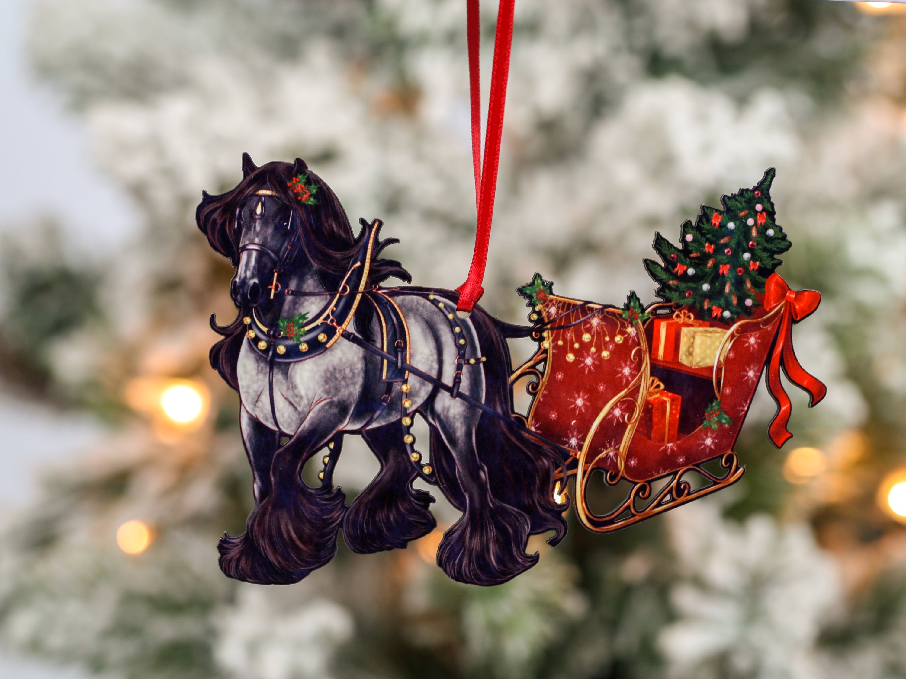 Gypsy Cob Horse Christmas Ornament featuring a blue roan horse pulling a sleigh, handmade from composite wood with a glossy finish.