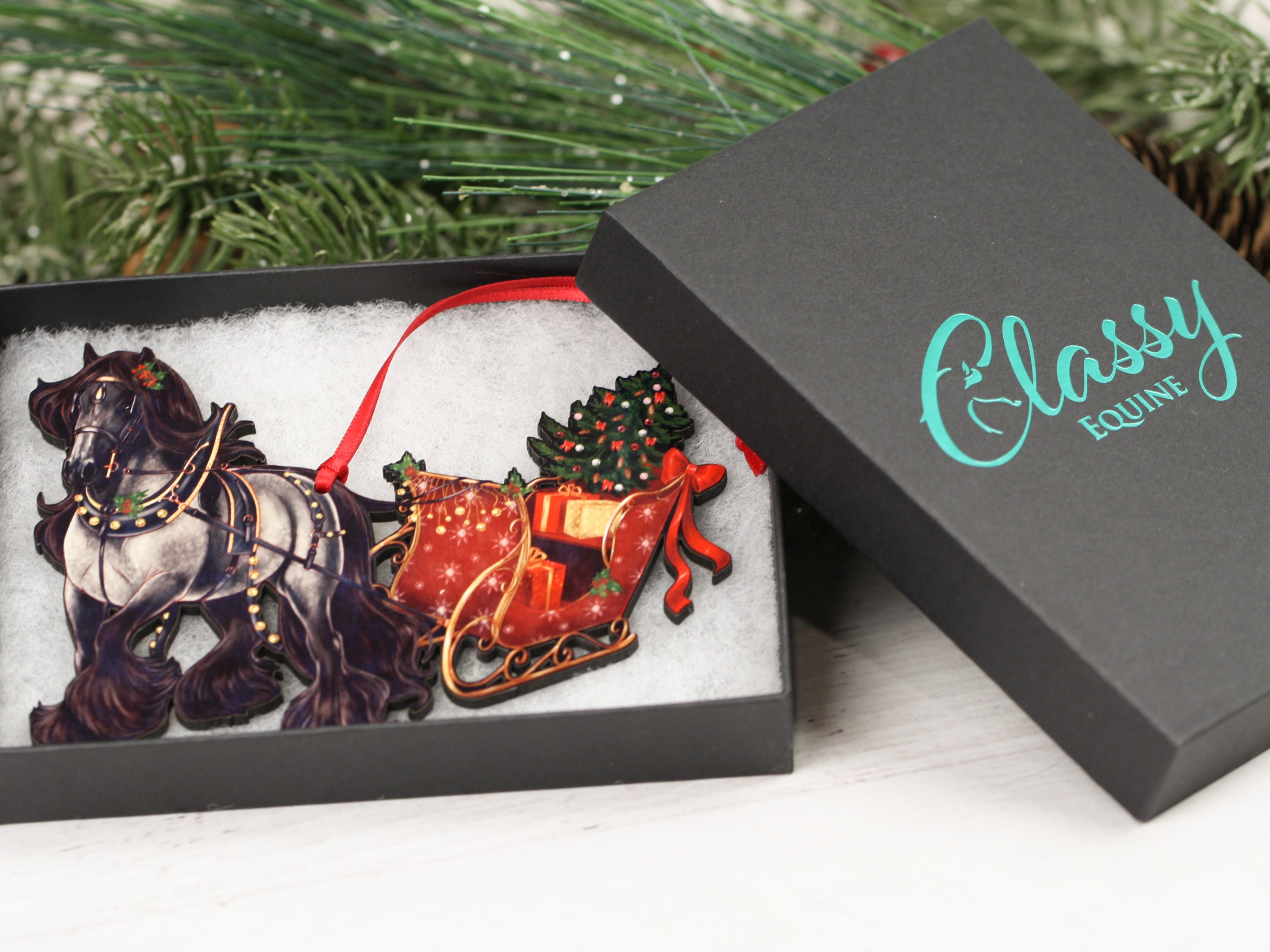 Gypsy Cob Horse Christmas Ornament featuring a blue roan horse pulling a sleigh, handmade from composite wood with a glossy finish.