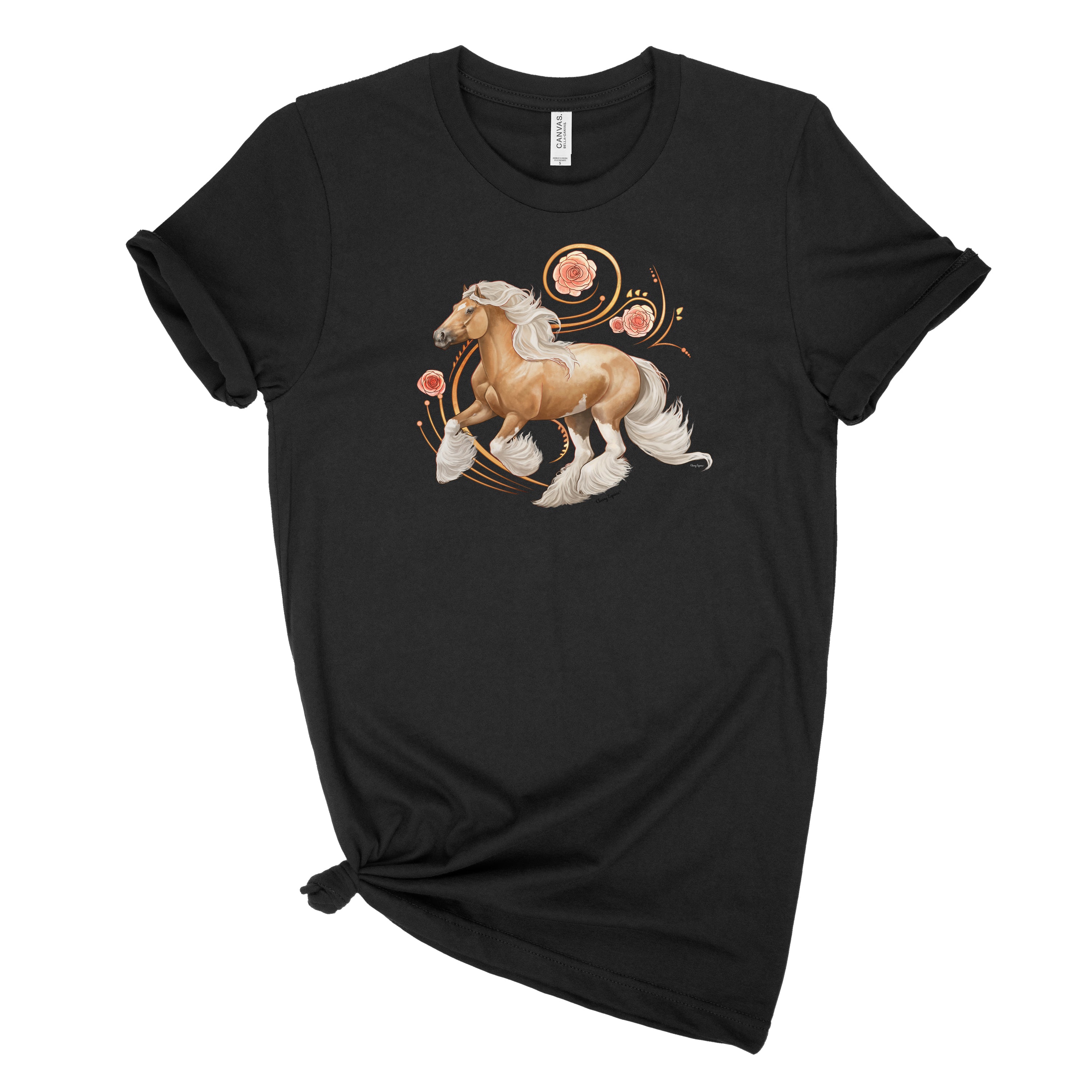 Gypsy Elegance unisex tee shirt featuring a Palomino Gypsy Horse design, made from soft cotton for comfort.