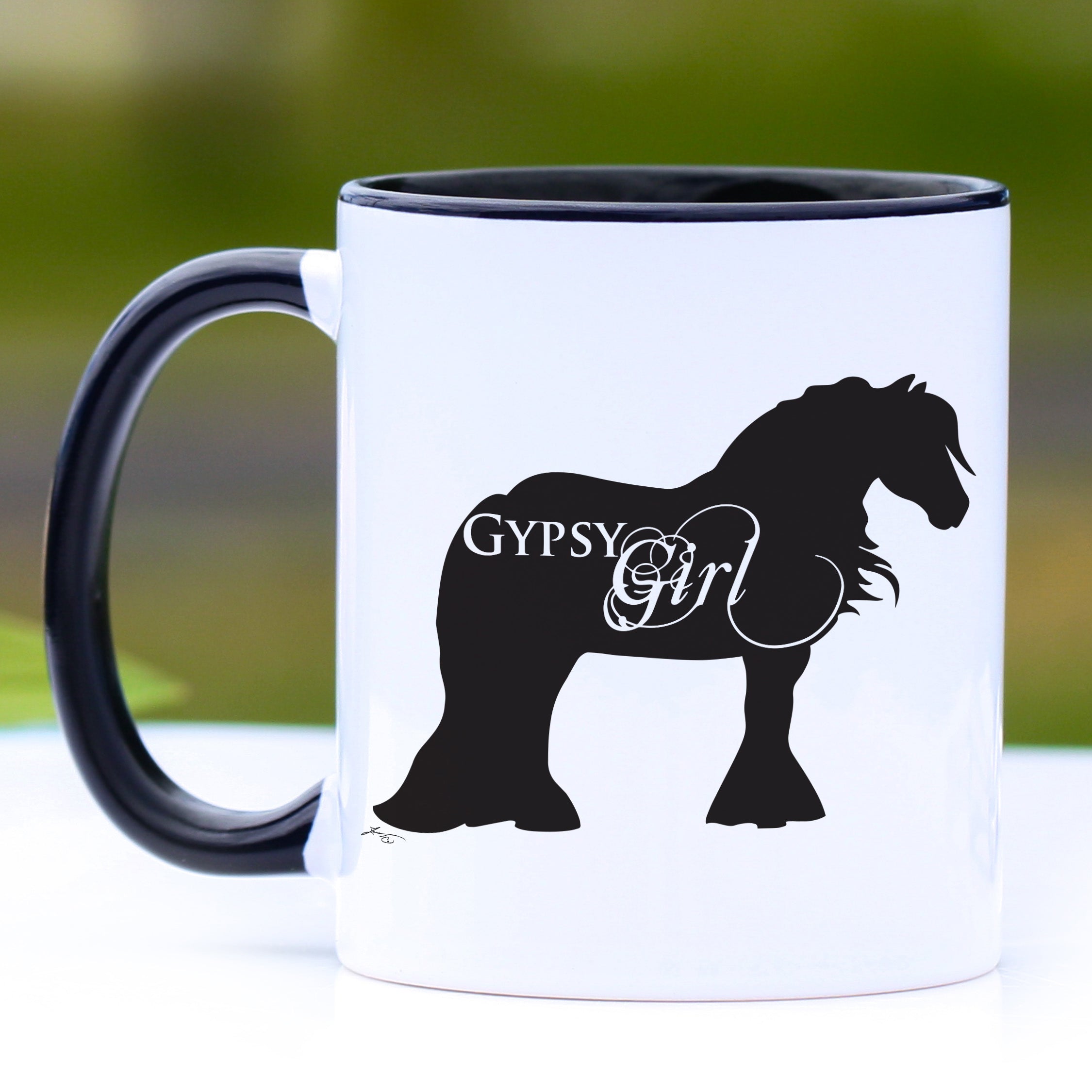Gypsy Girl coffee mug featuring a black handle and interior, perfect for horse lovers.