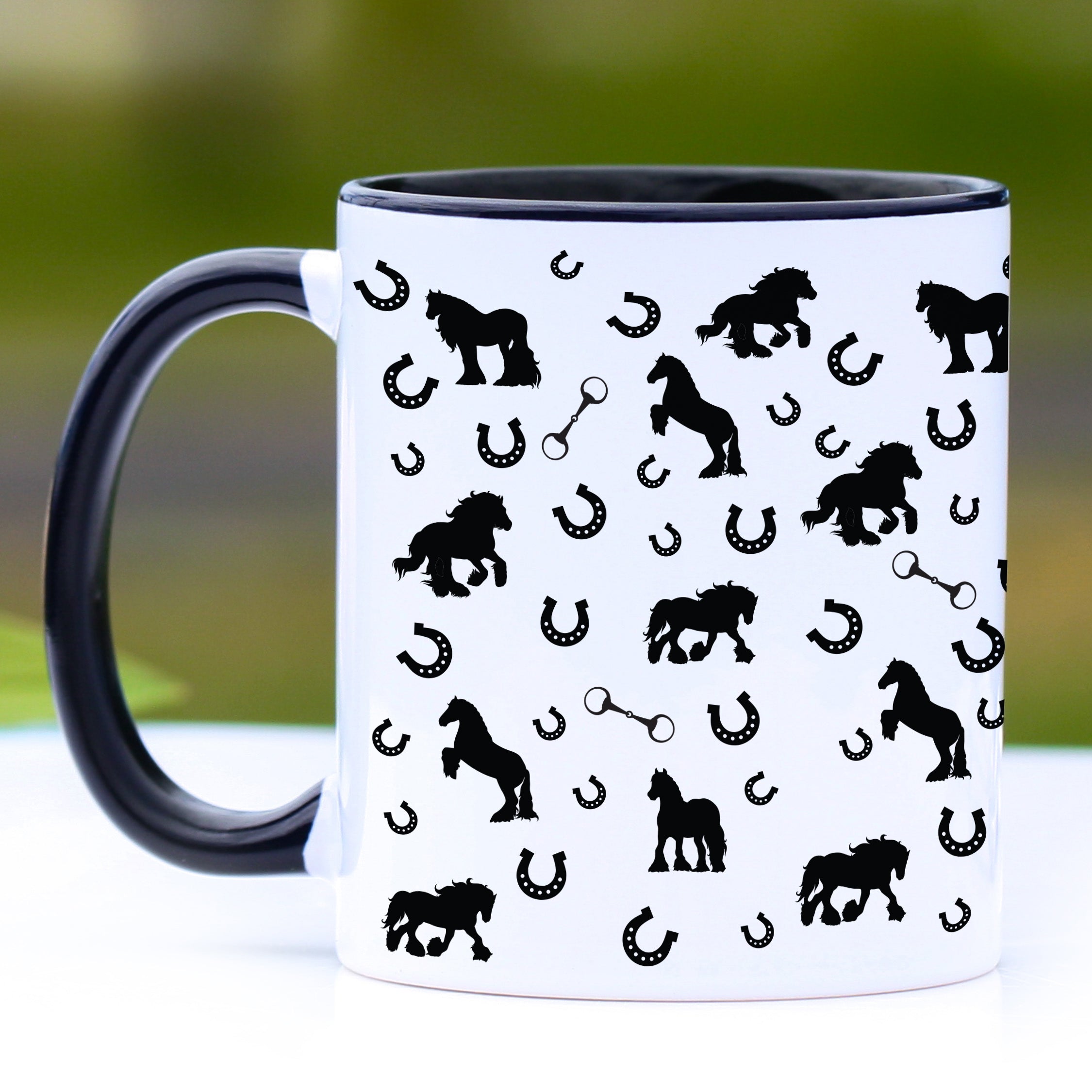 Gypsy Horse Coffee Mug featuring silhouettes of horses with a black handle and interior.