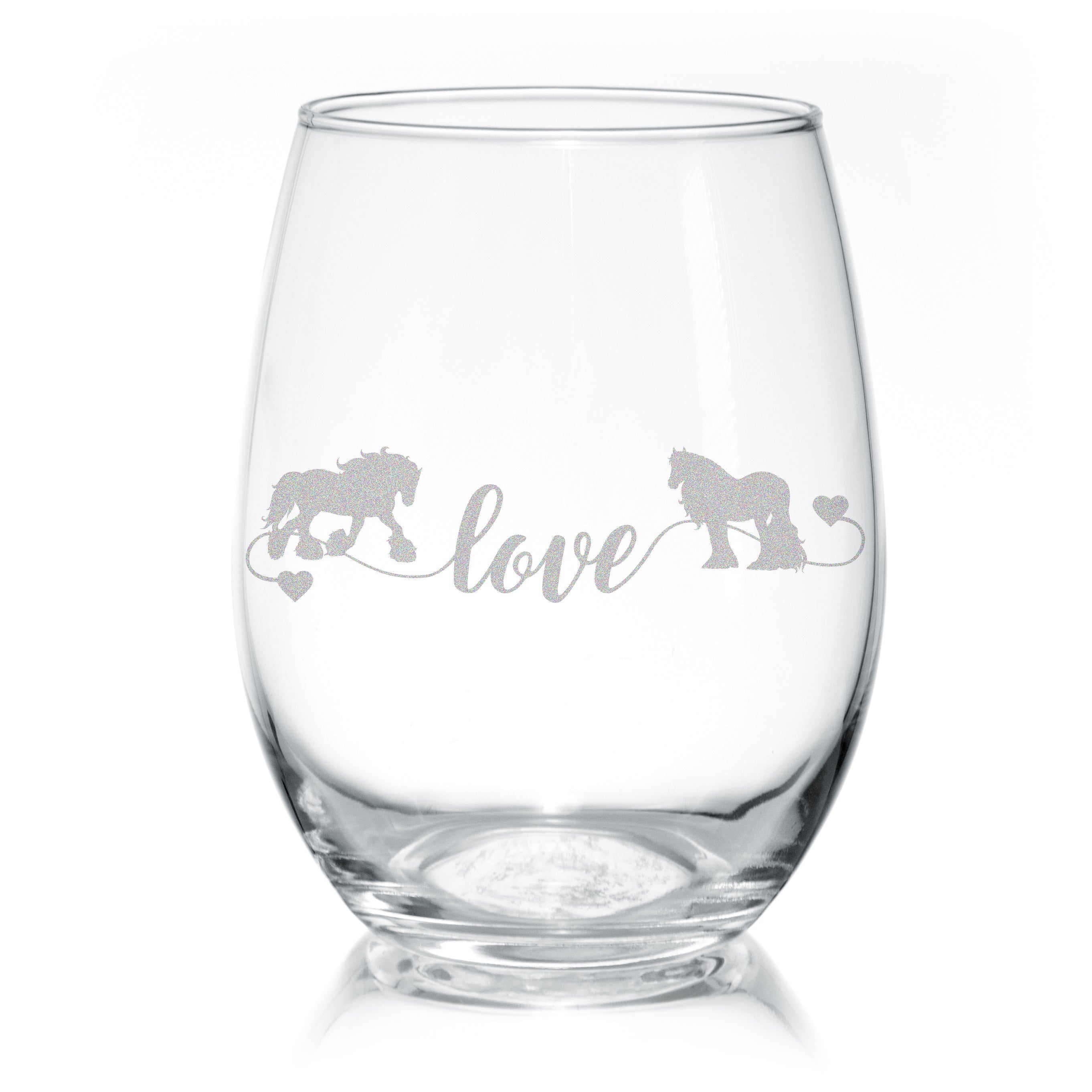 Set of Gypsy Horse Love stemless wine glasses featuring elegant horse artwork, perfect for wine lovers.