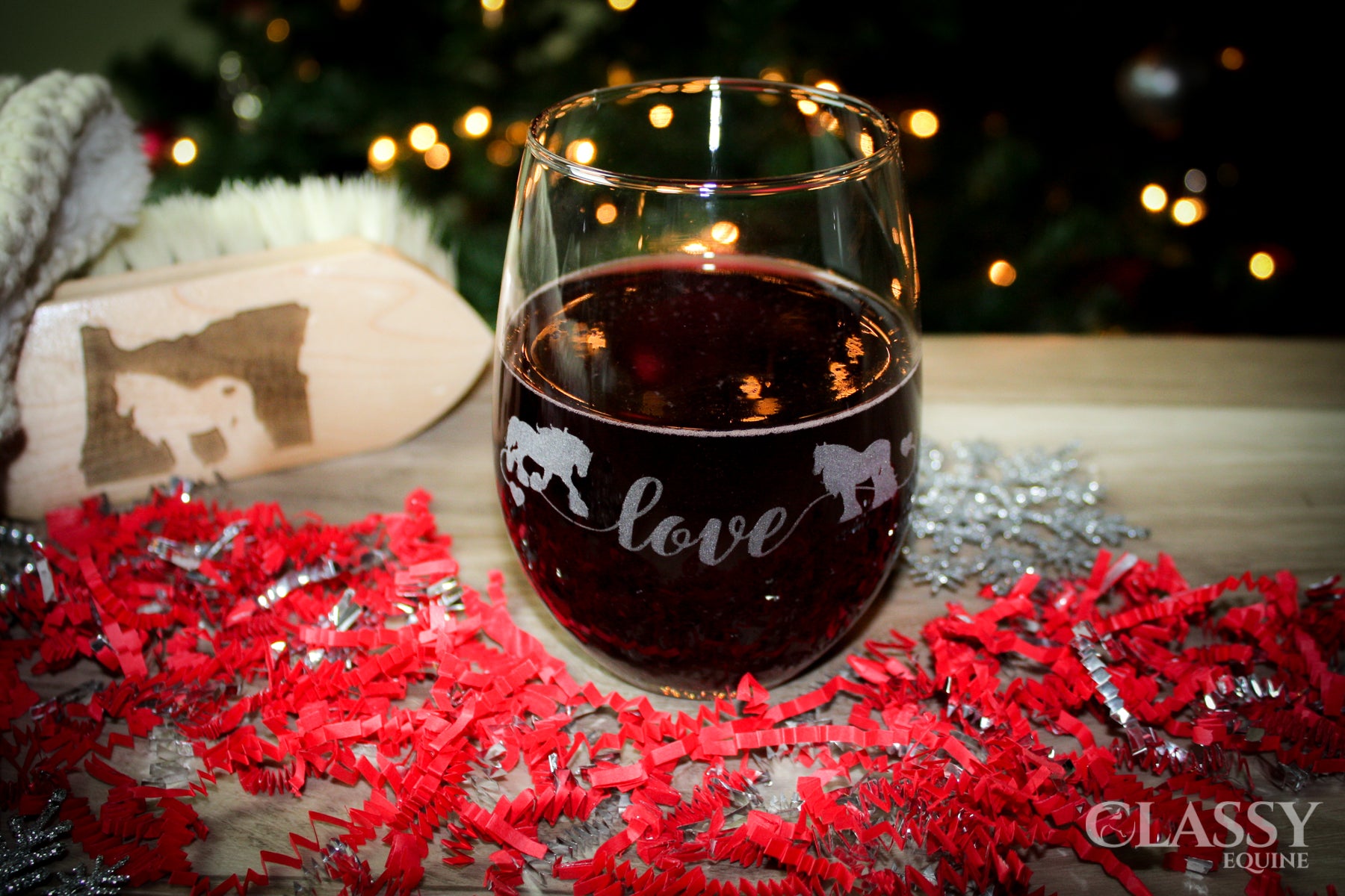 Set of Gypsy Horse Love stemless wine glasses featuring elegant horse artwork, perfect for wine lovers.