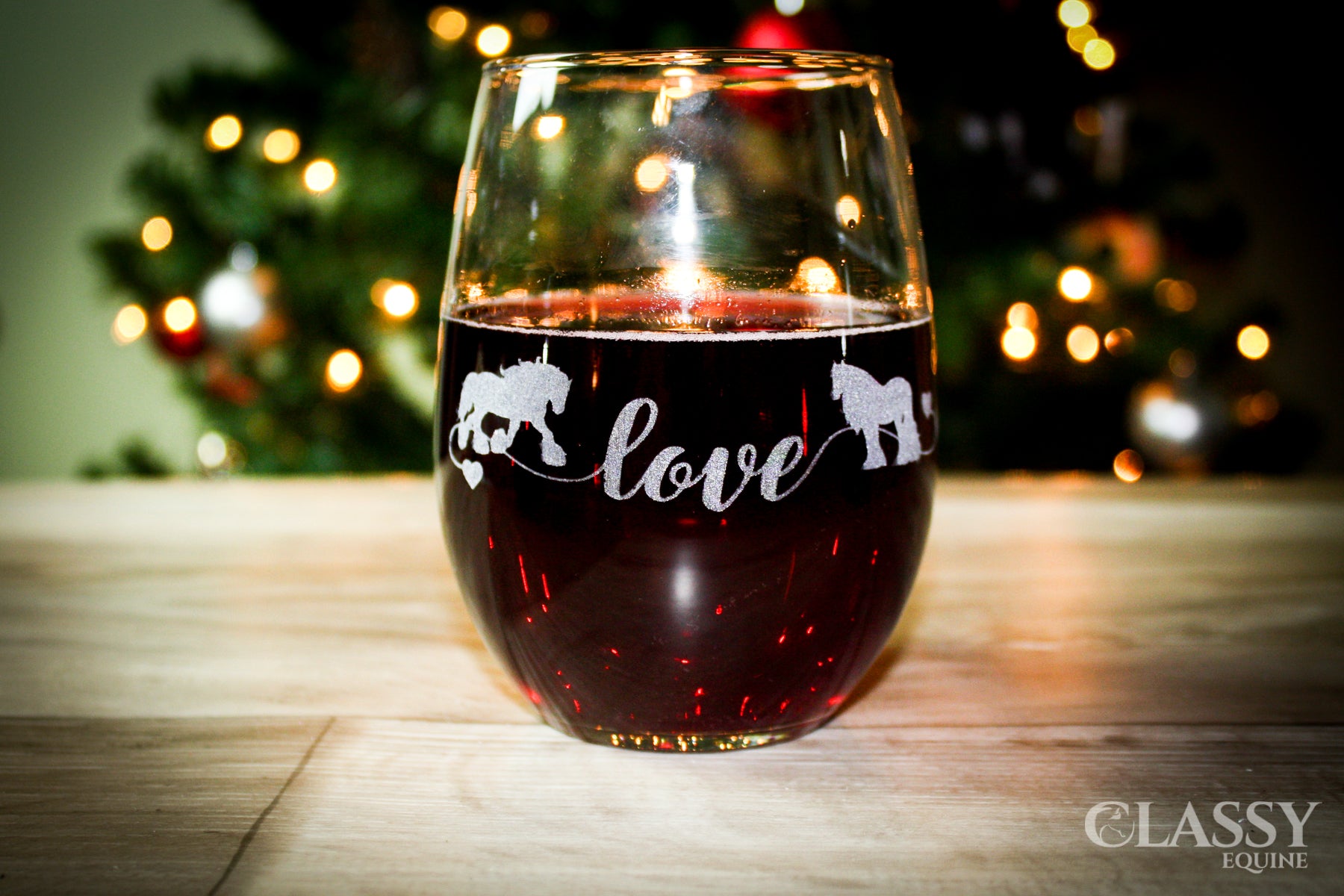 Set of Gypsy Horse Love stemless wine glasses featuring elegant horse artwork, perfect for wine lovers.