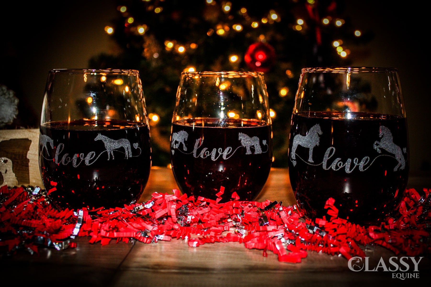 Set of Gypsy Horse Love stemless wine glasses featuring elegant horse artwork, perfect for wine lovers.