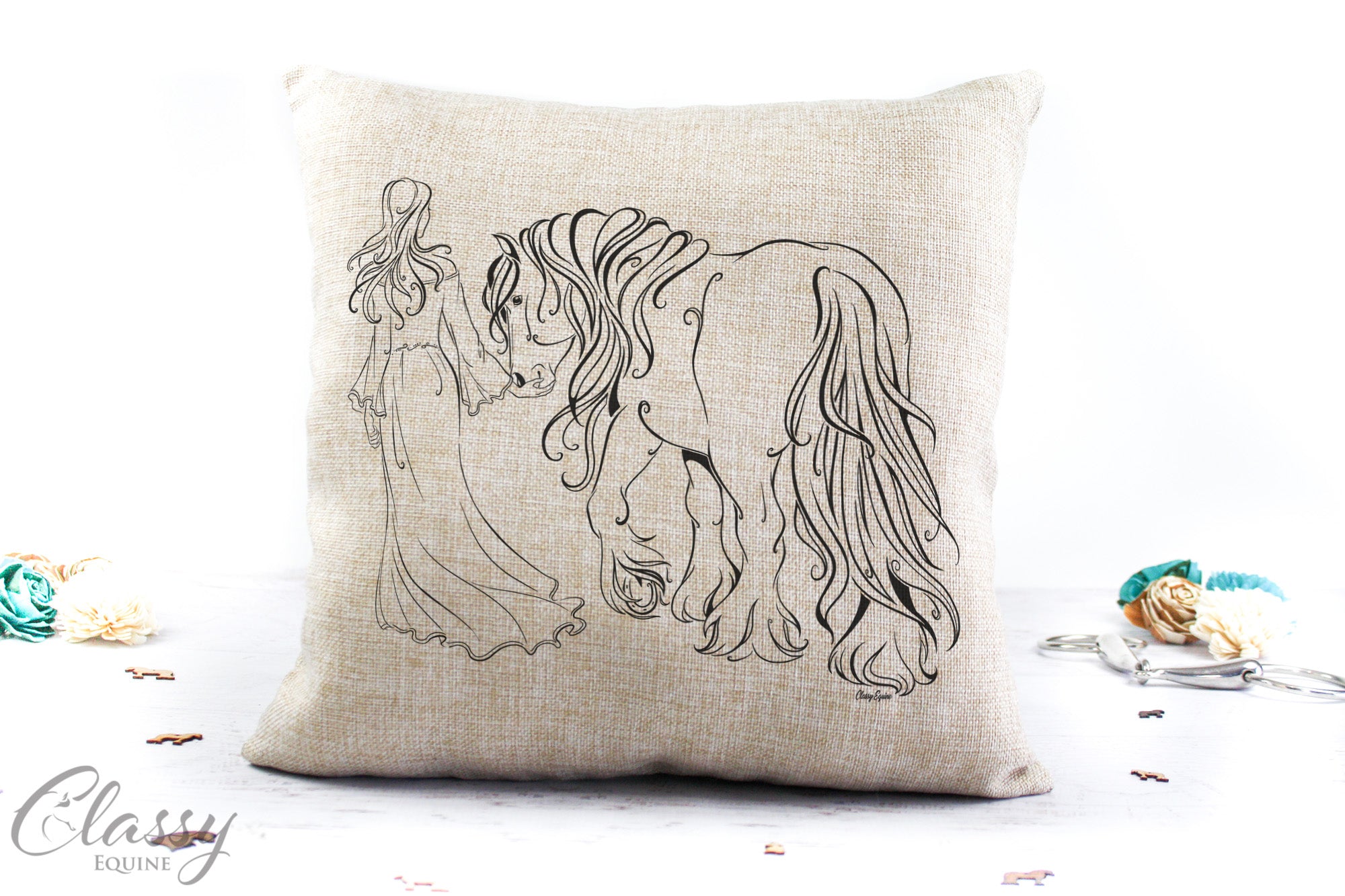 A decorative faux burlap pillow cover featuring a girl and her Gypsy horse design, perfect for home decor.