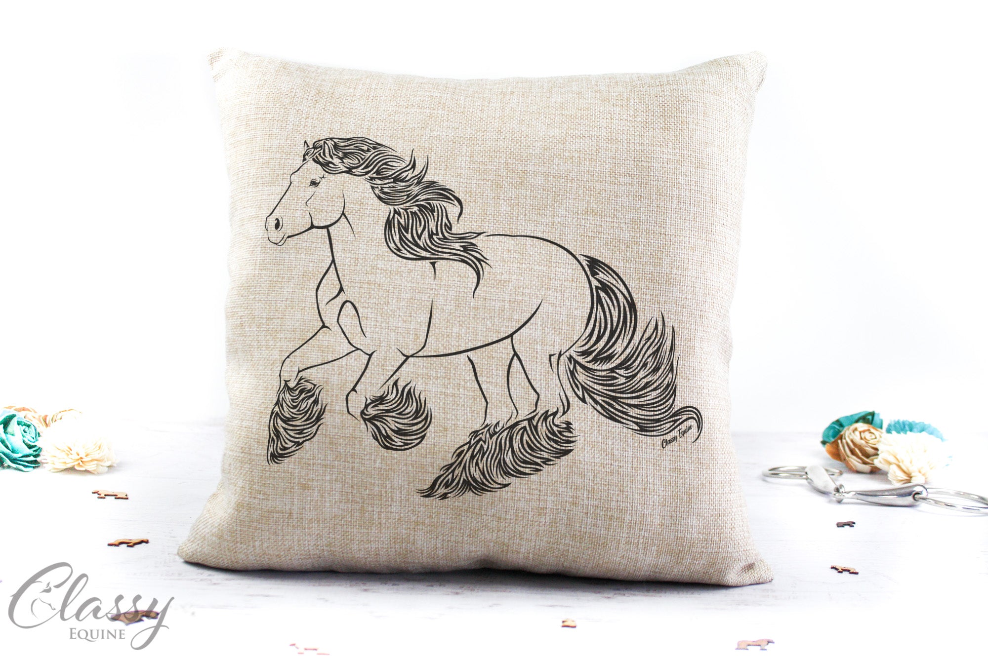 Gypsy Horse Pillow Cover featuring a bold cantering Gypsy Cob design on faux burlap, perfect for home decor.