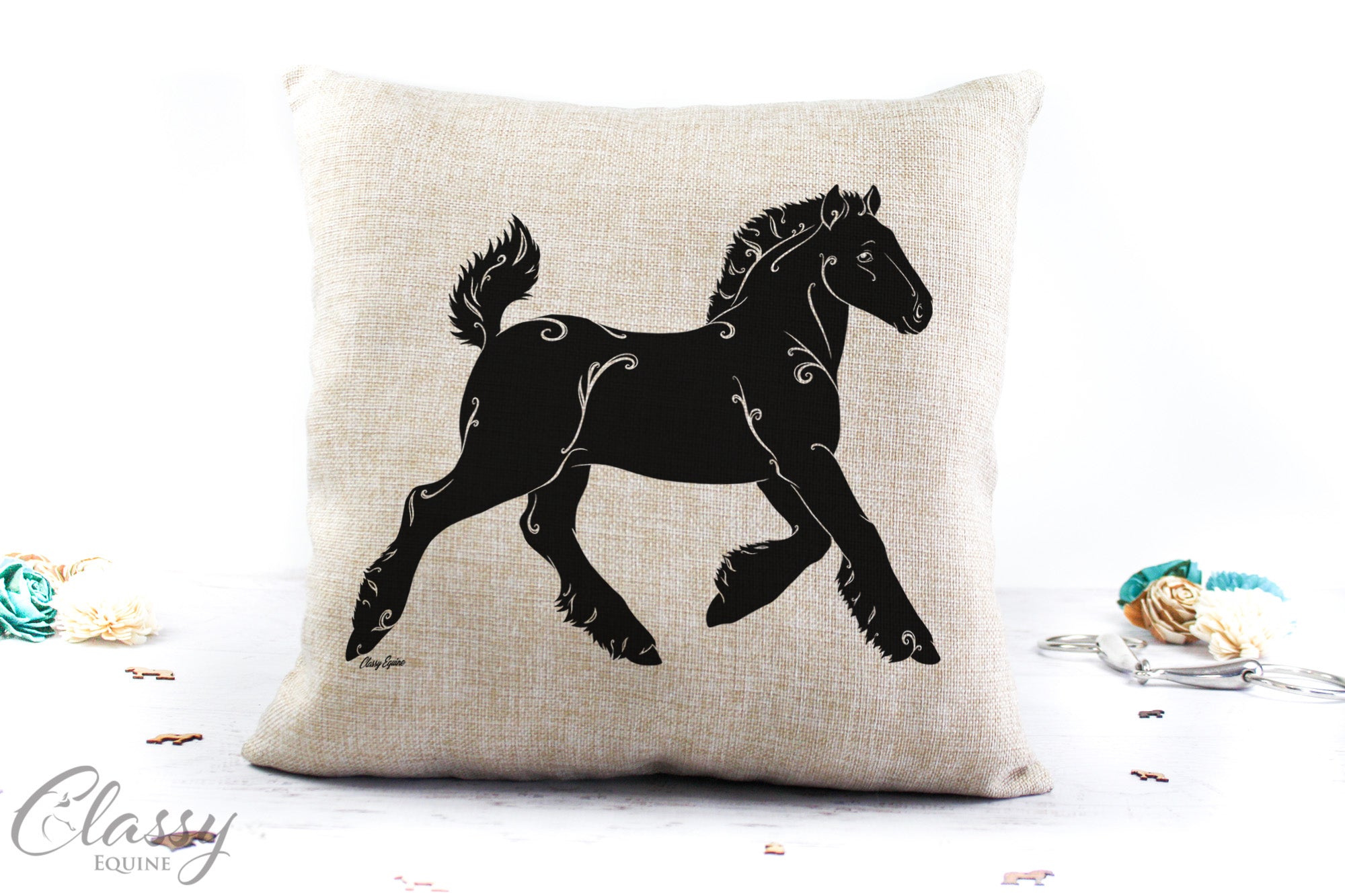 Gypsy Horse Pillow Cover featuring a cute foal design on faux burlap fabric, perfect for home decor.