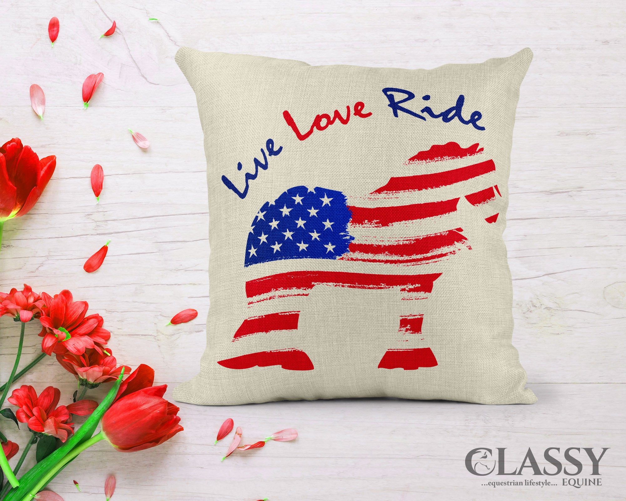 Gypsy Horse Pillow Cover with 'Live Love Ride' design in faux burlap, perfect for horse lovers.