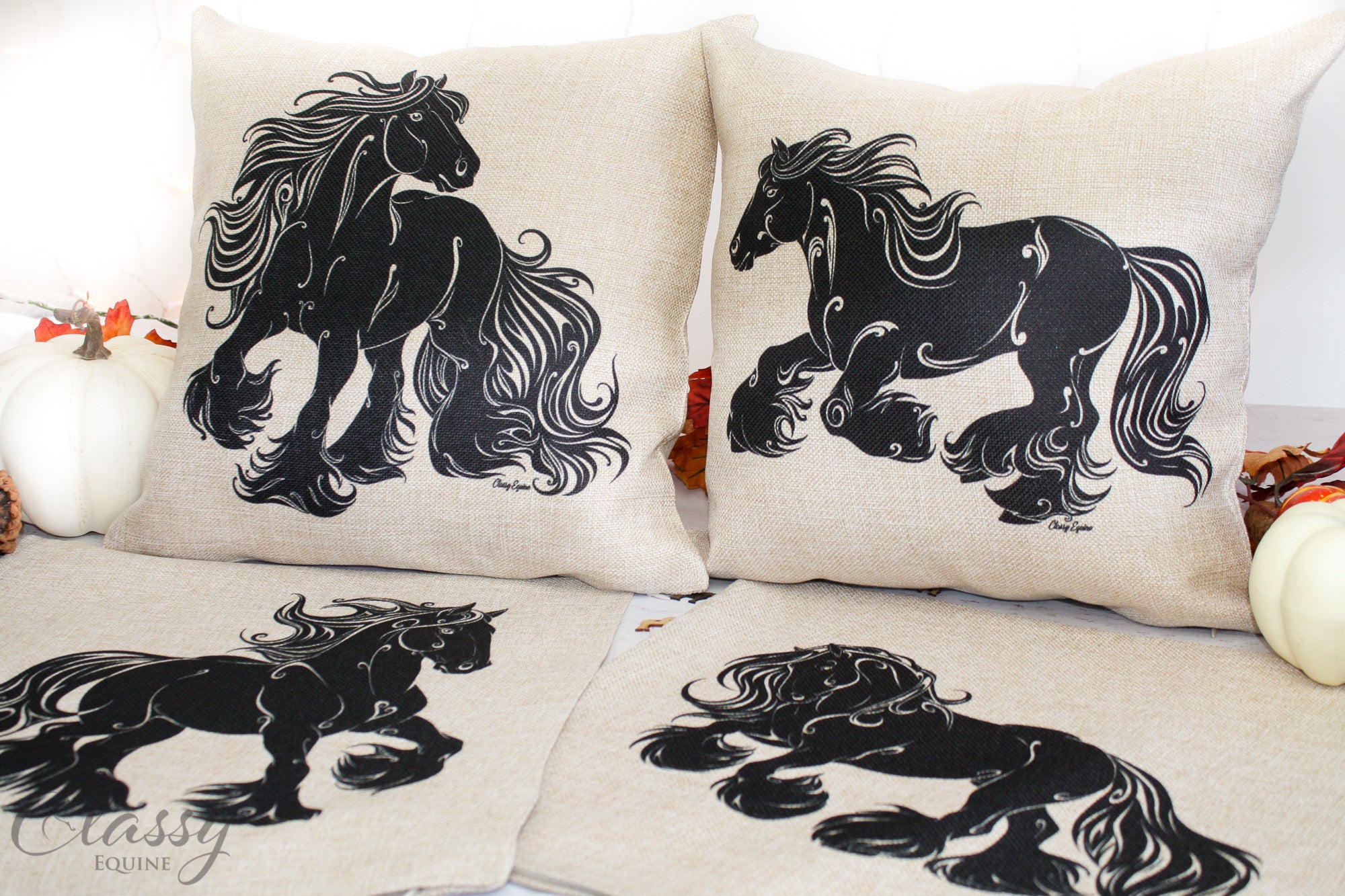 Set of 4 Gypsy Horse pillow covers featuring faux burlap material with unique horse designs, perfect for home decor.