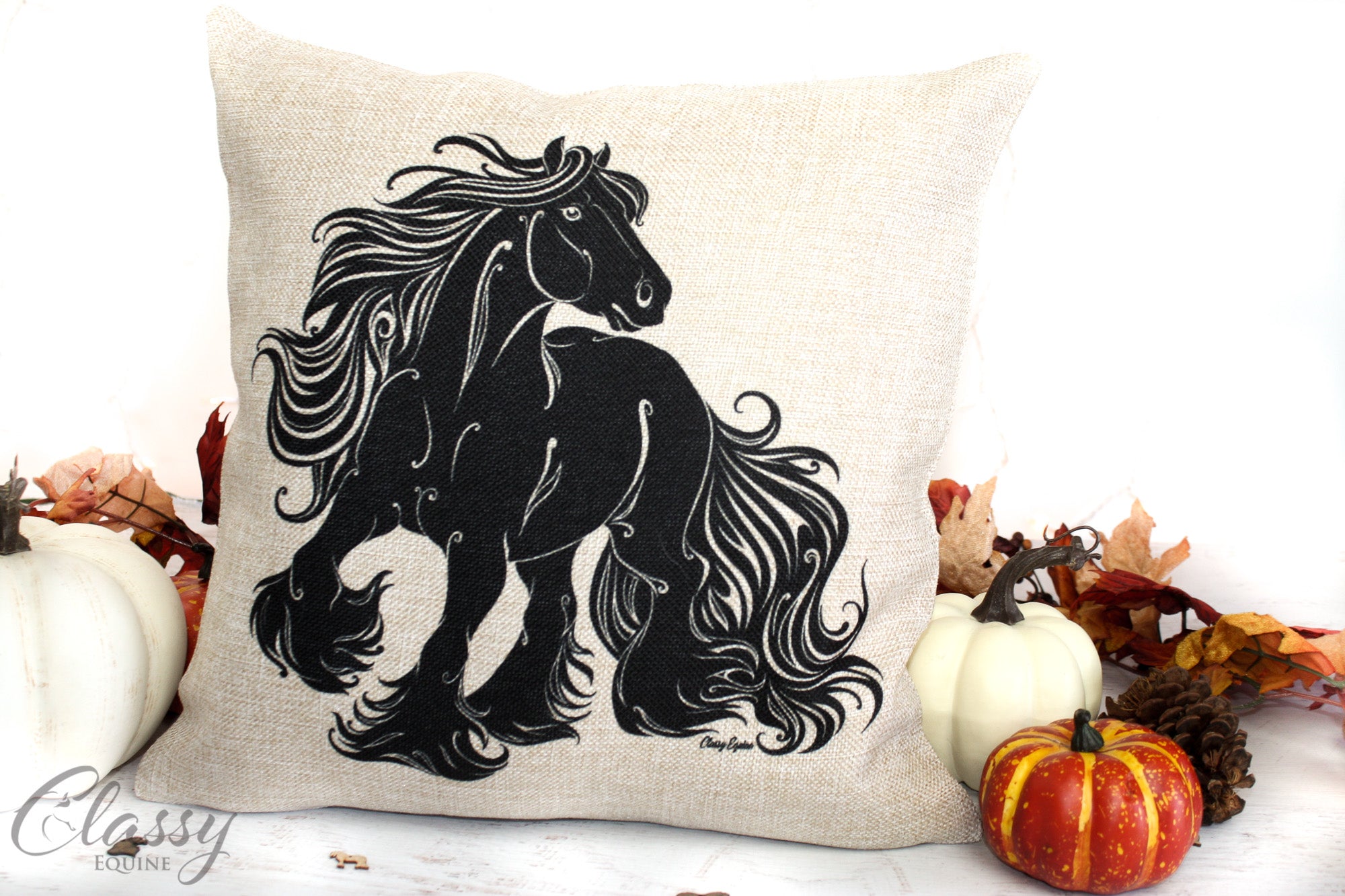 Set of 4 Gypsy Horse pillow covers featuring faux burlap material with unique horse designs, perfect for home decor.