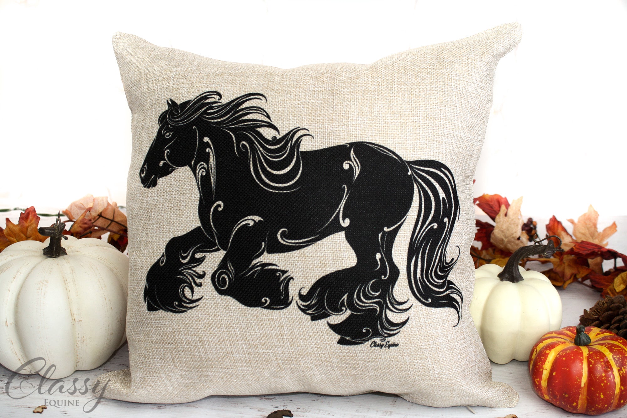 Set of 4 Gypsy Horse pillow covers featuring faux burlap material with unique horse designs, perfect for home decor.