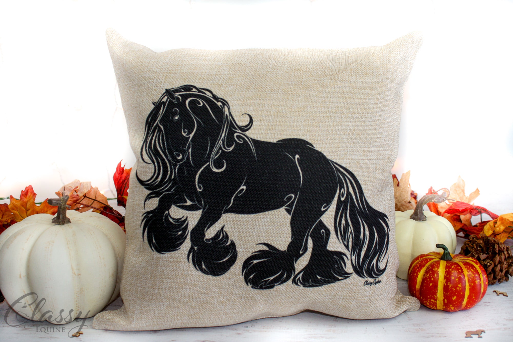Set of 4 Gypsy Horse pillow covers featuring faux burlap material with unique horse designs, perfect for home decor.