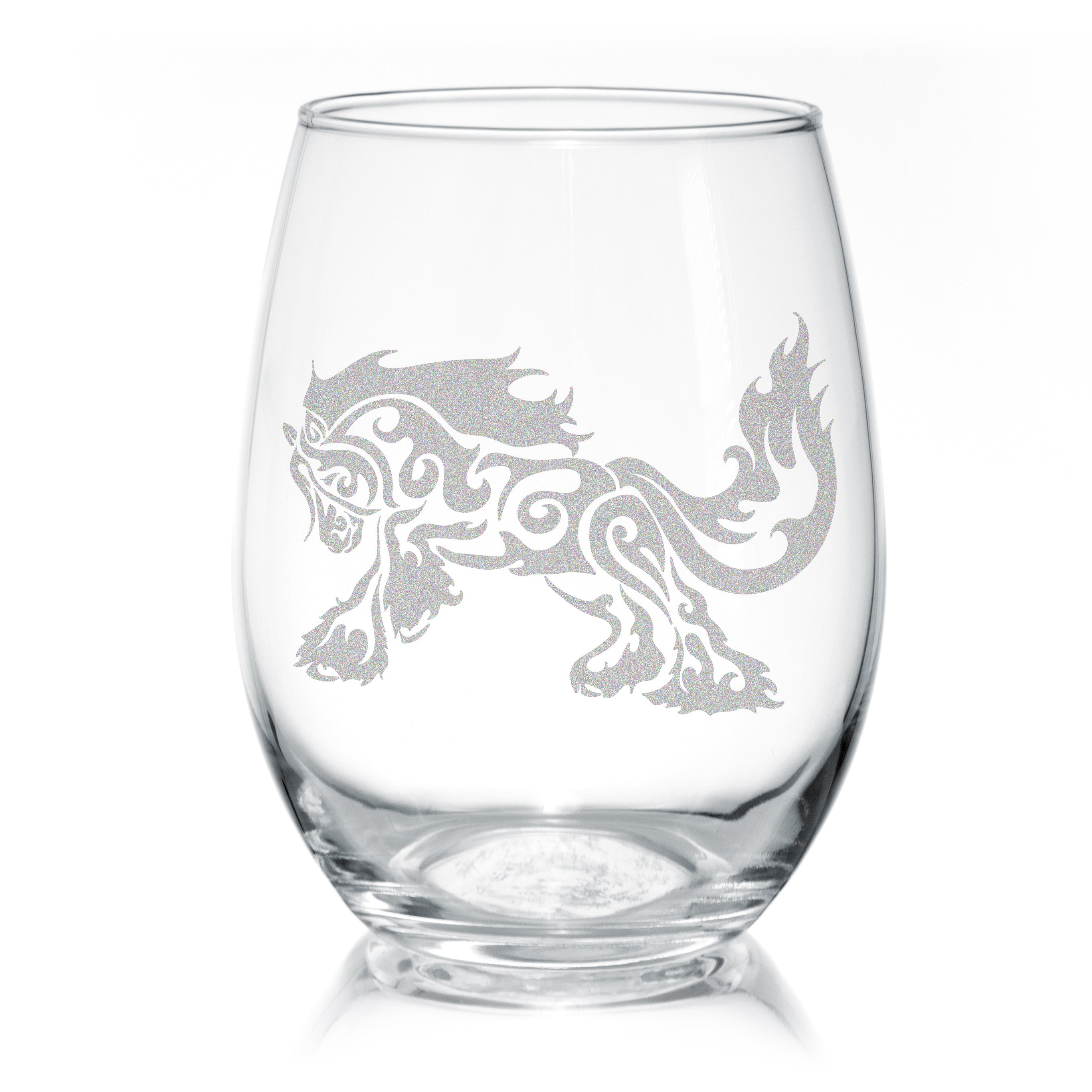 A set of Gypsy Horse Romp stemless wine glasses featuring tribal designs, perfect for stylish dining.