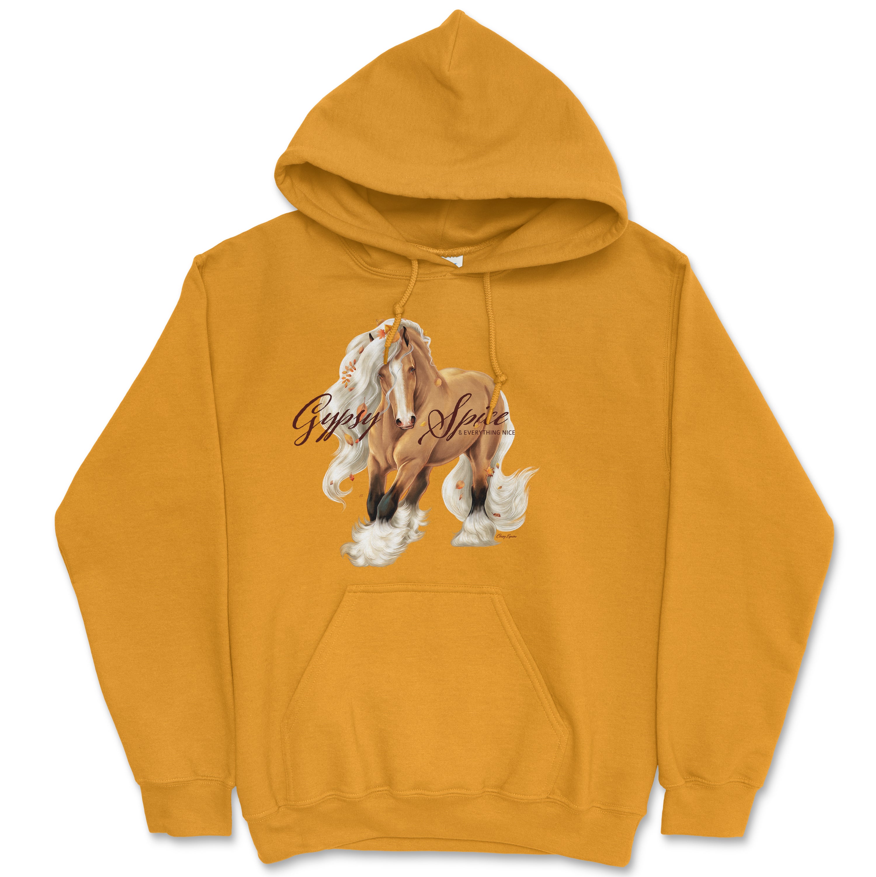 Gypsy Spice & Everything Nice hooded sweatshirt featuring a buckskin Gypsy horse design amidst falling leaves.