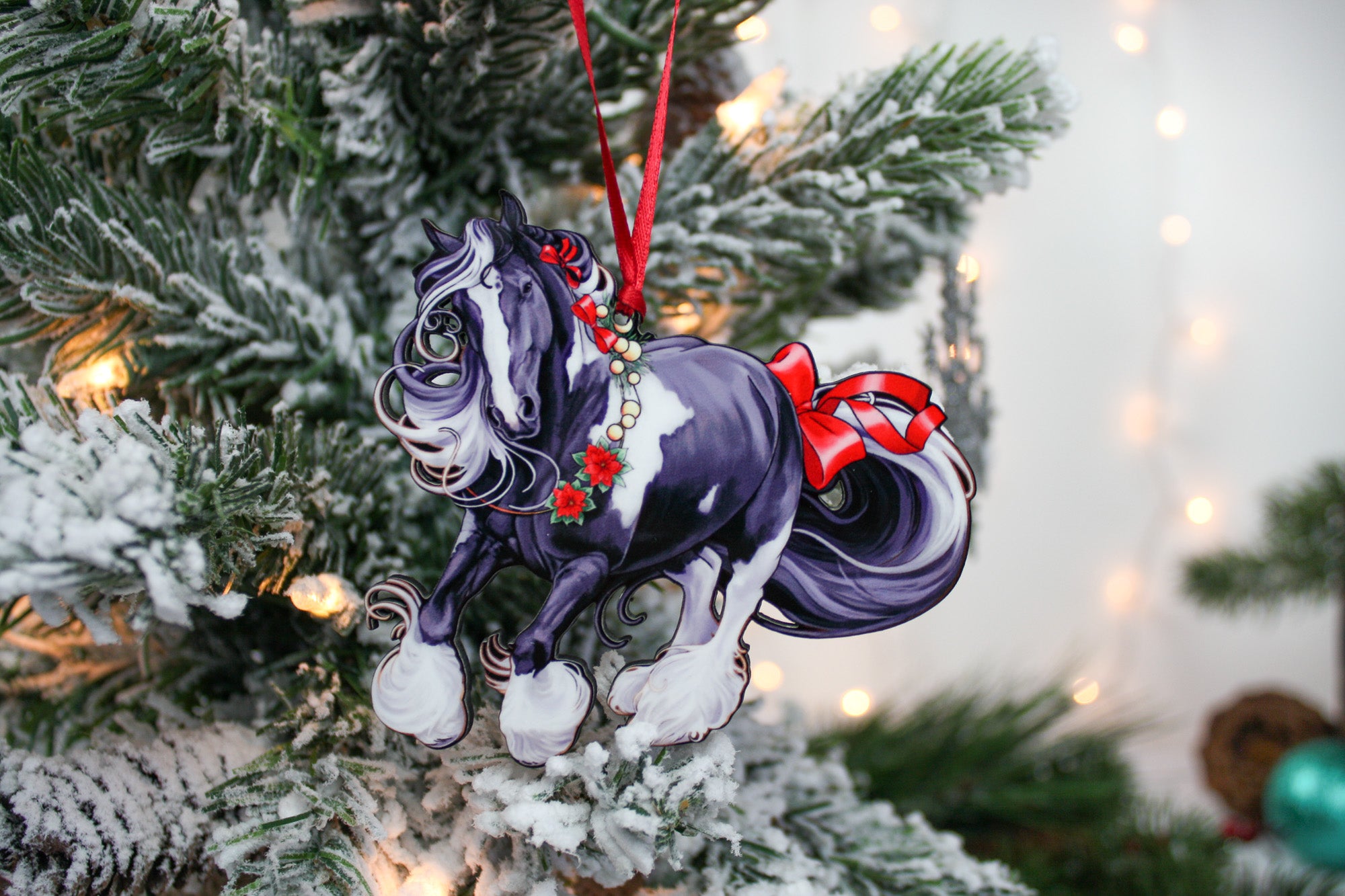Handmade black and white tobiano Gypsy Vanner horse Christmas ornament, perfect for tree decoration.